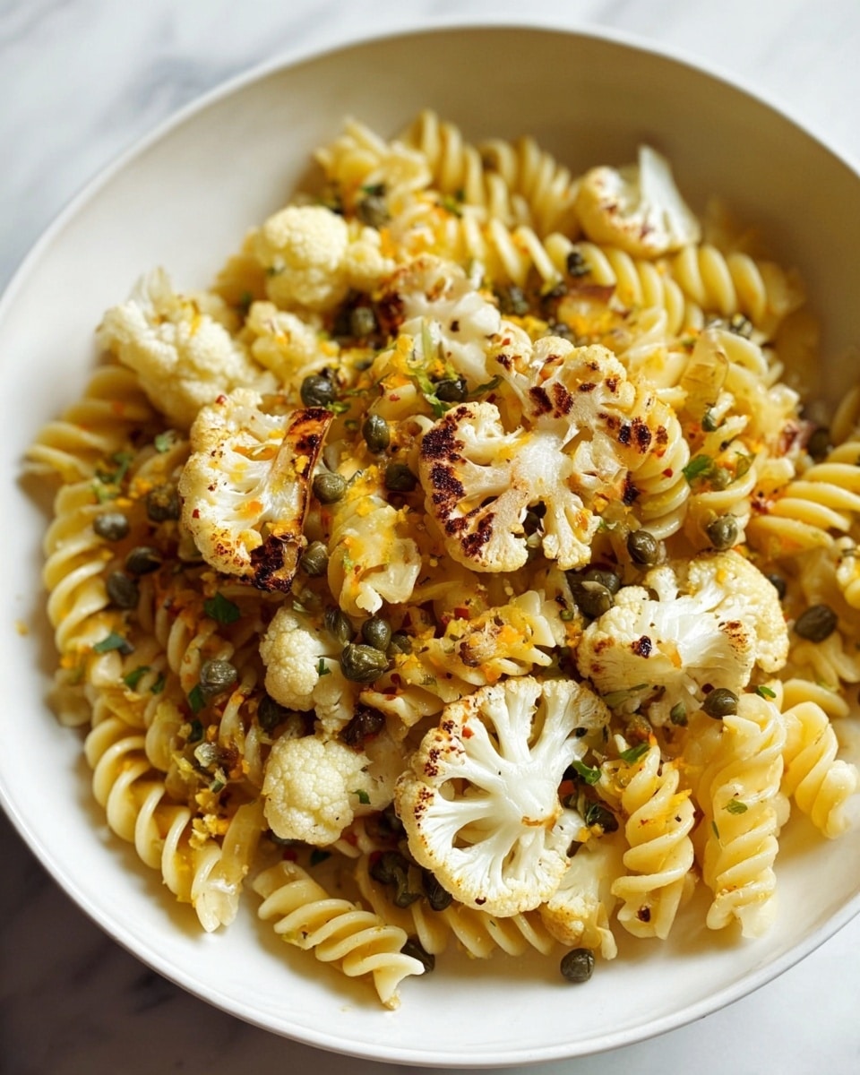 The dish is served in a white bowl filled with twirly pasta in a pale yellow shade as the base layer. On top are many pieces of white cauliflower florets with some light charring, showing texture and softness. Scattered around are small green capers adding spots of color and texture. The whole dish is bright with hints of light orange zest flakes and black pepper sprinkled on top. The bowl sits on a white marbled surface, and the photo is taken with an iphone --ar 4:5 --v 7