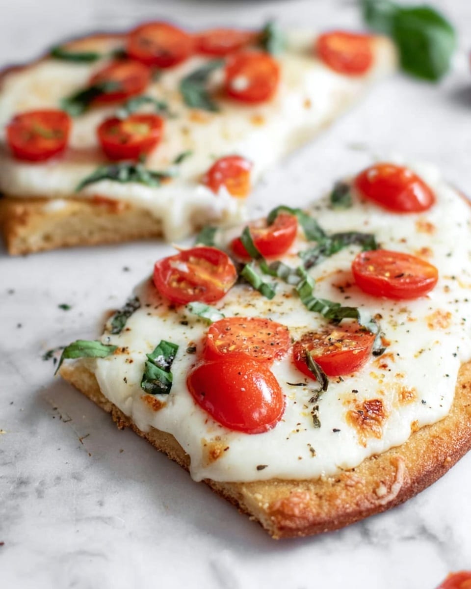 The image shows two pieces of flatbread pizza on a white marbled surface. Each pizza piece has a golden brown crust looking crispy and slightly puffed. On top, there is a thick, melted white cheese layer covering most of the surface except the edges. Bright red cherry tomato slices are scattered across the cheese, providing small pops of color. Fresh dark green basil leaves are also placed on top, adding a fresh, leafy texture. The cheese has some areas with faint brown spots from baking, and there are tiny black pepper specks sprinkled over the pizza. The focus is close, showing the details of the textures and colors in soft natural light. photo taken with an iphone --ar 4:5 --v 7