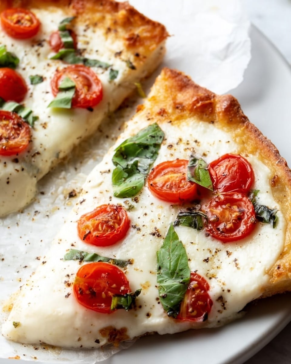 A close-up view of a slice of pizza on a white plate with a white marbled texture surface. The pizza has a golden brown crust at the base, topped with a thick, creamy layer of melted white cheese covering most of the slice. Scattered on top are small pieces of fresh, bright green basil leaves and halved, juicy red cherry tomatoes placed evenly. There are small specks of black pepper and light brown seasoning sprinkled over the cheese, adding texture and color. Another slice with similar toppings is partially visible behind the main slice. The photo taken with an iphone --ar 4:5 --v 7