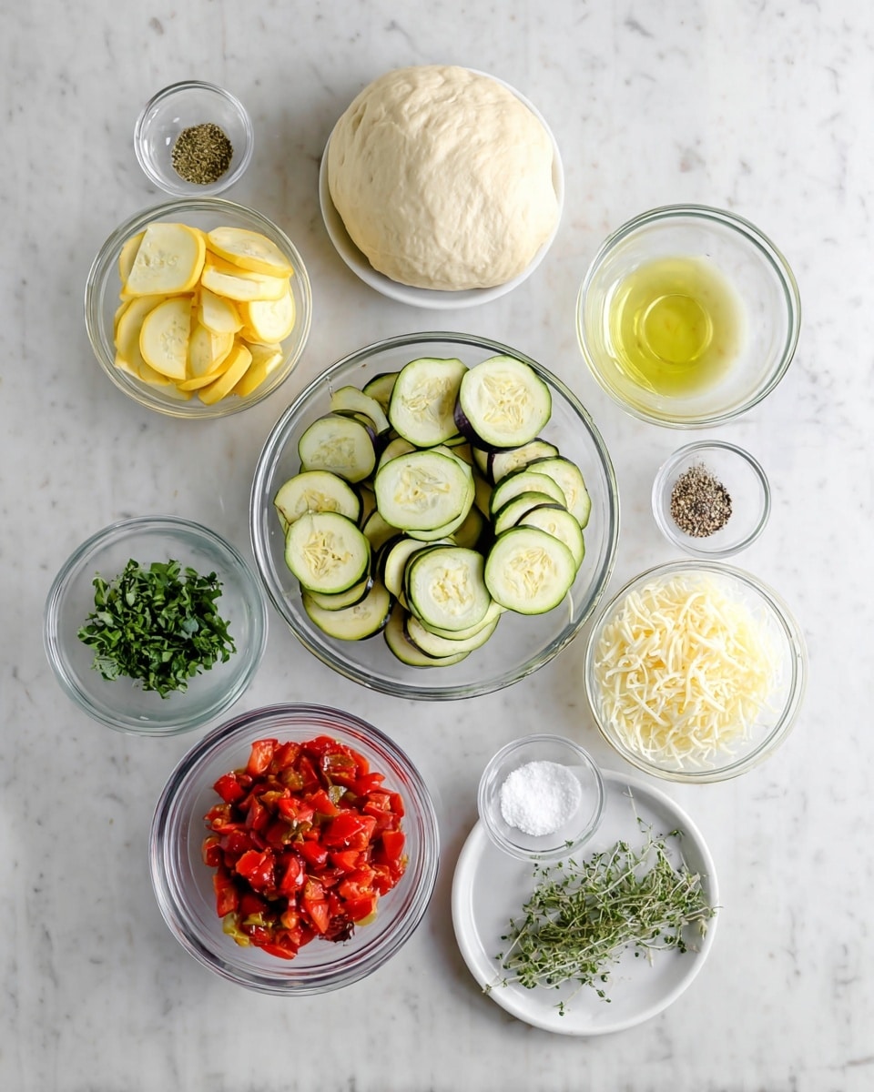 The image shows several clear glass bowls and a small white plate arranged on a white marbled surface. In the center, a large bowl holds round slices of dark green eggplant with light green centers. Surrounding it are bowls with thin slices of yellow squash, light green zucchini, and red tomato. Another bowl contains shredded pale yellow cheese, and a smaller bowl has bright red chopped tomato mixed with herbs. A separate bowl holds light green olive oil. On the white plate, there are fresh green herbs and a small dish of ground black pepper. A tiny clear bowl holds white salt. Above the center is a large glass bowl with a smooth round ball of pale dough. Photo taken with an iphone --ar 4:5 --v 7