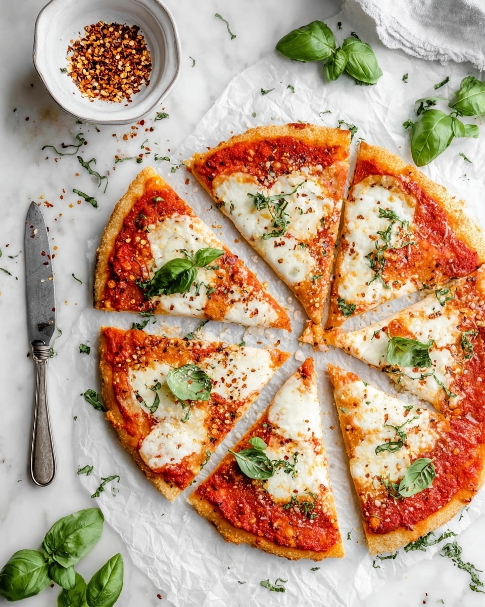 A pizza sliced into eight pieces sits on white parchment paper on a white marbled surface. The pizza has one layer of light golden crust, a layer of bright red tomato sauce spread evenly, and patches of melted white cheese with some brown spots. Fresh green basil leaves are scattered on top of the pizza slices. To the top-left is a white bowl with crushed red pepper flakes, and fresh basil leaves are scattered around on the surface. A silver knife is placed to the left of the pizza. Photo taken with an iphone --ar 4:5 --v 7
