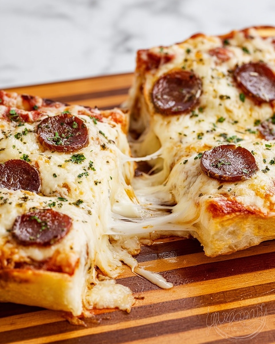 Two square slices of thick crust pizza are being pulled apart, showing stretchy white melted cheese in the middle. The pizza has a layer of melted cheese covering the top with small green herb bits sprinkled over it. Round, dark brown pepperoni slices are evenly placed on the cheese. The edges of the crust are golden and fluffy. The pizza is on a wooden board with groove lines, and the background is a white marbled texture. photo taken with an iphone --ar 4:5 --v 7