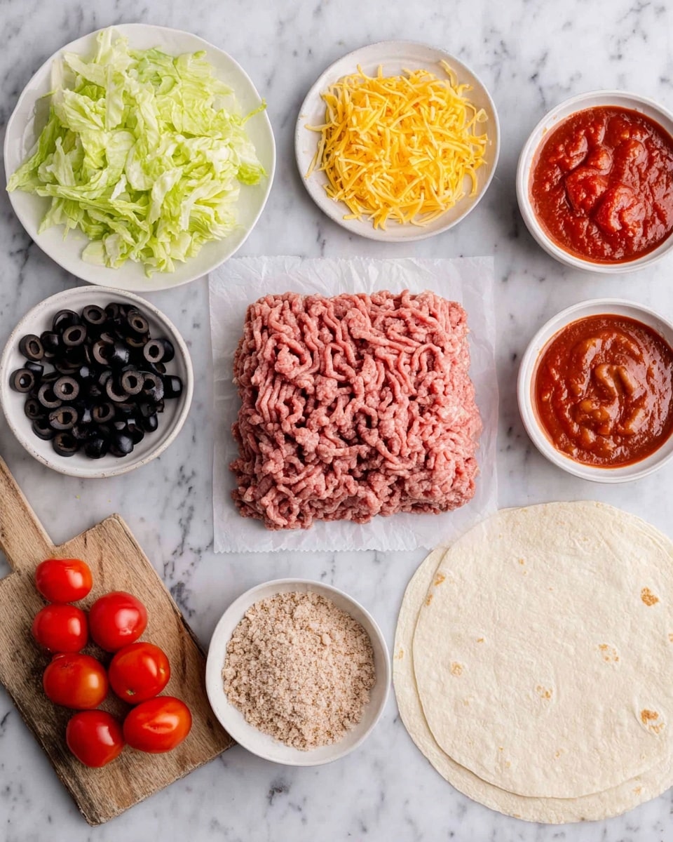 The image shows different ingredients laid out on a white marbled surface. In the center, there is a block of raw ground meat on white parchment paper, surrounded by small white bowls filled with sliced black olives, light brown breadcrumbs, and a mixture that looks like refried beans. On the top right, two white bowls contain red tomato sauce and shredded yellow cheese. To the left, a white plate holds shredded lettuce, and next to it, halved cherry tomatoes sit on a wooden board. On the bottom right, a large white tortilla is laid flat. The scene looks ready to prepare a dish. photo taken with an iphone --ar 4:5 --v 7