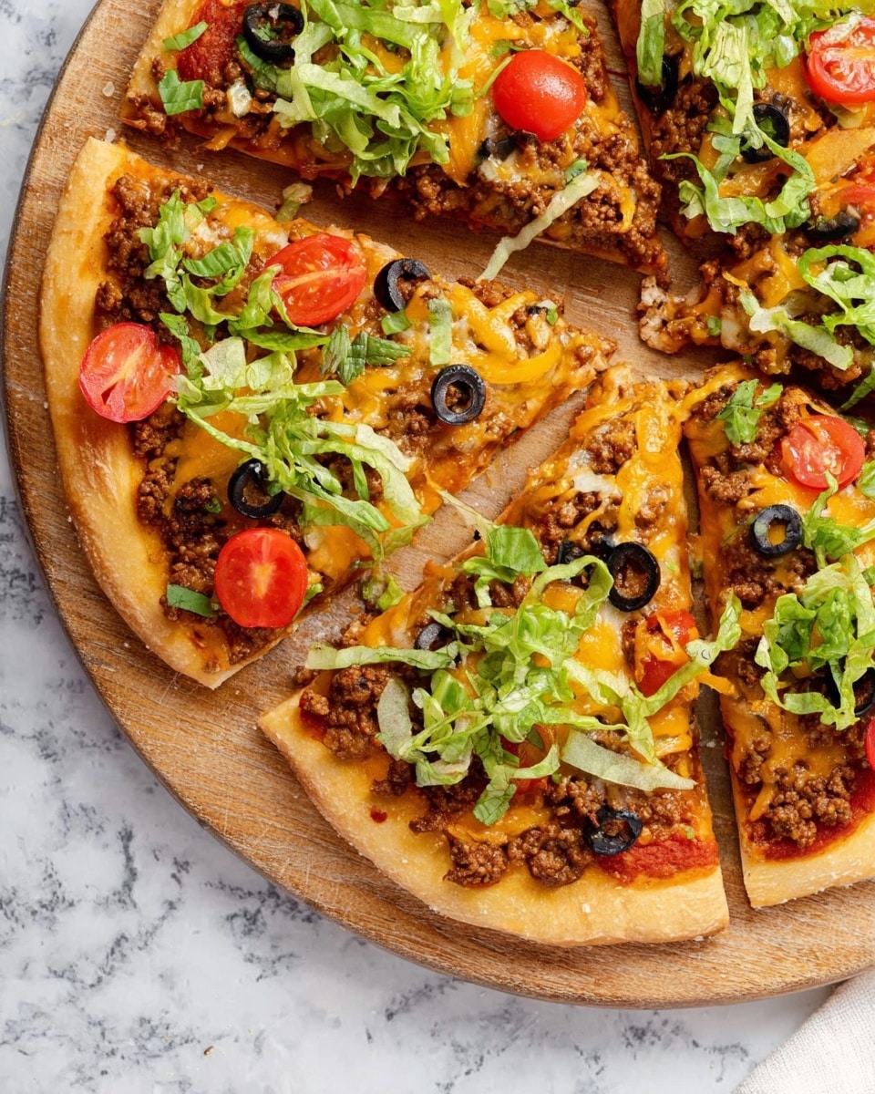 The image shows slices of a pizza on a round wooden board placed on a white marbled surface. The pizza has a thick, light golden crust. The first layer is a bright red tomato sauce spread evenly over the crust. On top of the sauce, there is a layer of browned cooked ground meat scattered across the pizza. This is covered with melted cheddar cheese that is a rich orange color. Fresh green lettuce strips are sprinkled on top, along with halved cherry tomatoes that are bright red and sliced black olives that add dark round spots. The slices are arranged close together with one slice slightly pulled away from the others, showing the layers. Photo taken with an iphone --ar 4:5 --v 7