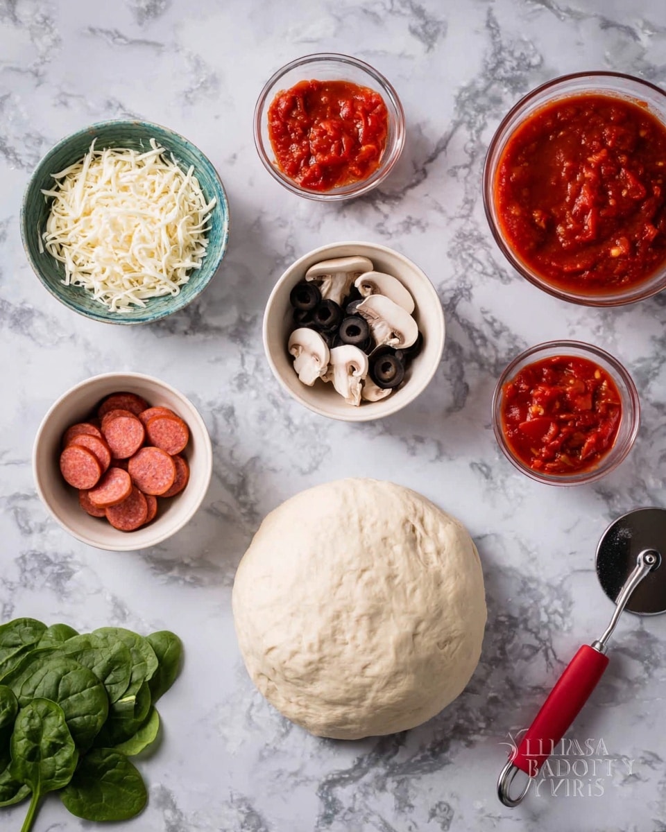 The image shows a ball of dough placed in the center on a white marbled surface. Around the dough, there are five small white bowls, each holding different pizza toppings: one bowl with shredded white cheese, one with sliced black olives and mushrooms on top of each other, one with small sliced red sausages, one with chopped red tomatoes, and a larger clear bowl with red tomato sauce. There is also a red and silver pizza cutter laying flat near the dough, and some fresh spinach leaves resting on the surface near the bowls. The setup looks ready for making a pizza. photo taken with an iphone --ar 4:5 --v 7