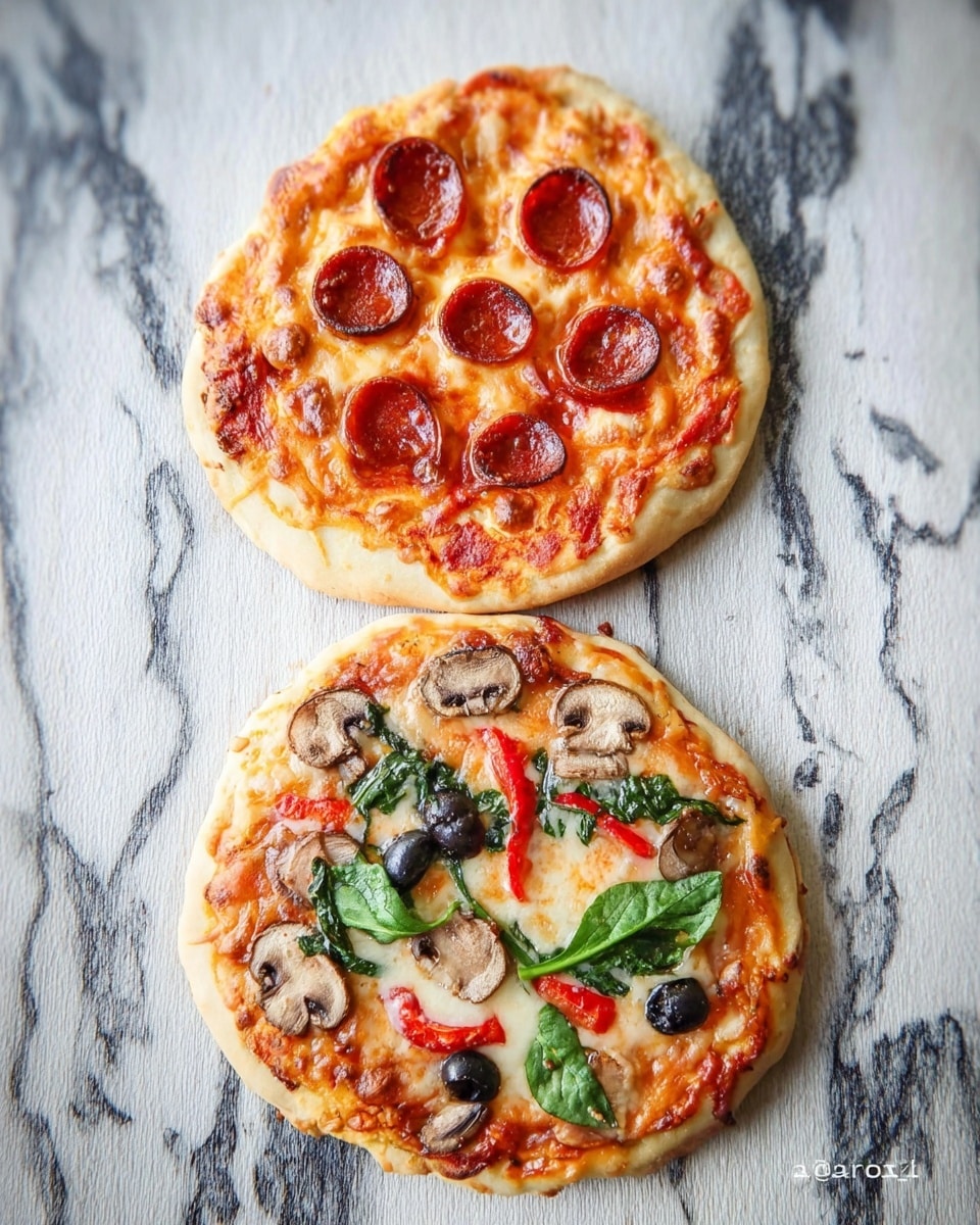 Two small pizzas are placed on a white marbled surface. The top pizza has a thick, uneven golden crust, a layer of melted light orange cheese, and scattered small, round slices of reddish pepperoni on top. The bottom pizza also has a thick, uneven golden crust and a layer of melted cheese with visible tomato sauce peeking through. It is topped with sliced black olives, green spinach leaves, red bell pepper pieces, and slices of brown mushrooms, creating a colorful mix. There are some light brown toasted spots on the cheese showing it was baked. Photo taken with an iphone --ar 4:5 --v 7