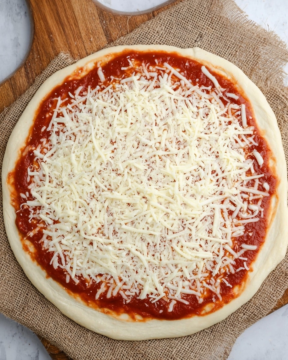 A round pizza dough with a slightly thick edge is placed on a wooden pizza peel with a burlap cloth underneath. The dough is spread with a smooth, bright red tomato sauce layer topped with an even layer of shredded white cheese covering most of the sauce. The background surface is a white marbled texture. photo taken with an iphone --ar 4:5 --v 7