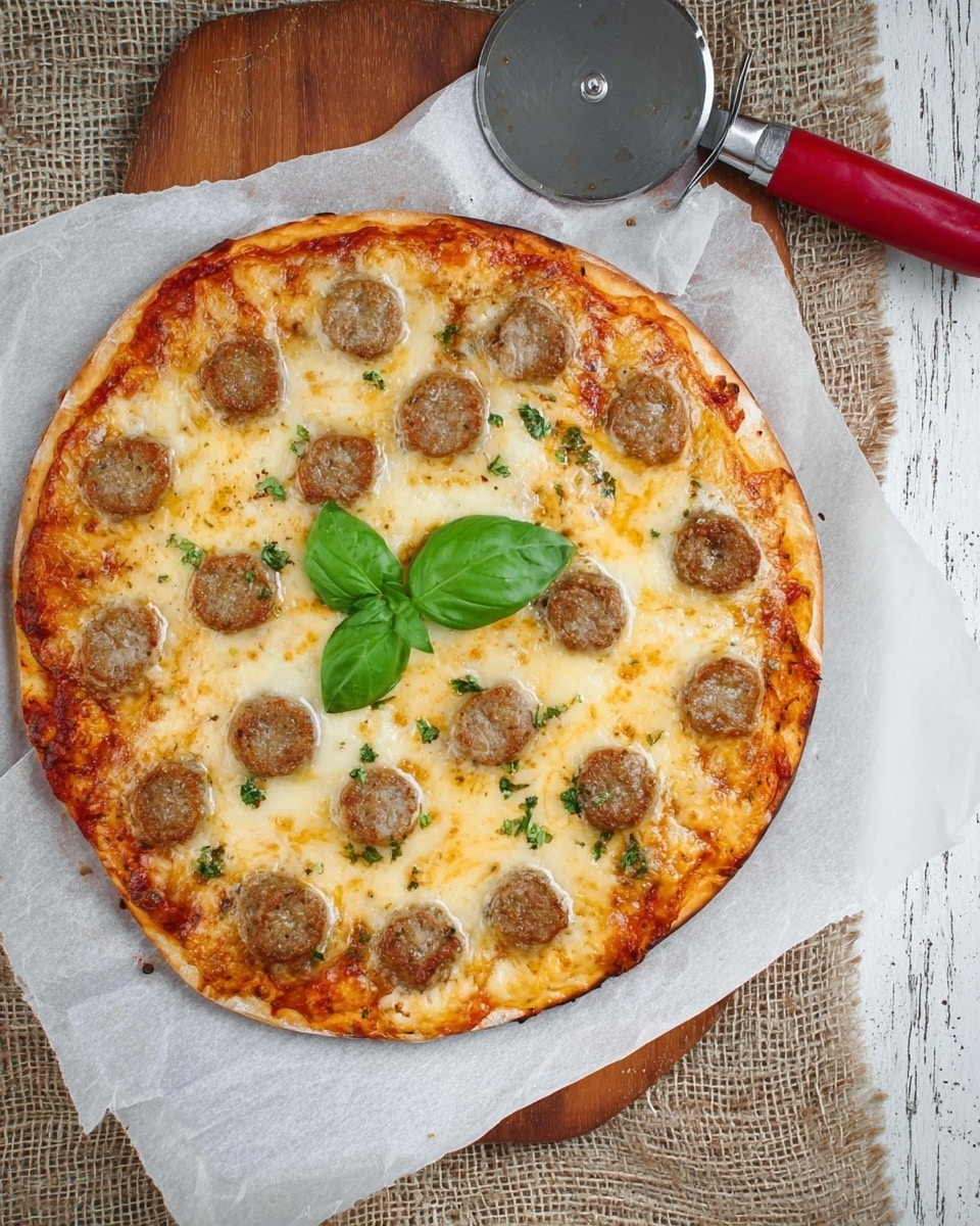 A round pizza with a slightly browned, golden crust and a layer of melted, light yellow cheese covering most of the top. Evenly spaced on the cheese are round slices of sausage that are brownish-gray in color. In the center of the pizza, there are three fresh green basil leaves placed together. The pizza is on white parchment paper lying on a wooden cutting board, with a silver pizza cutter with a red handle resting to the top left. The background is a white marbled texture with some burlap fabric beneath the cutting board. photo taken with an iphone --ar 4:5 --v 7