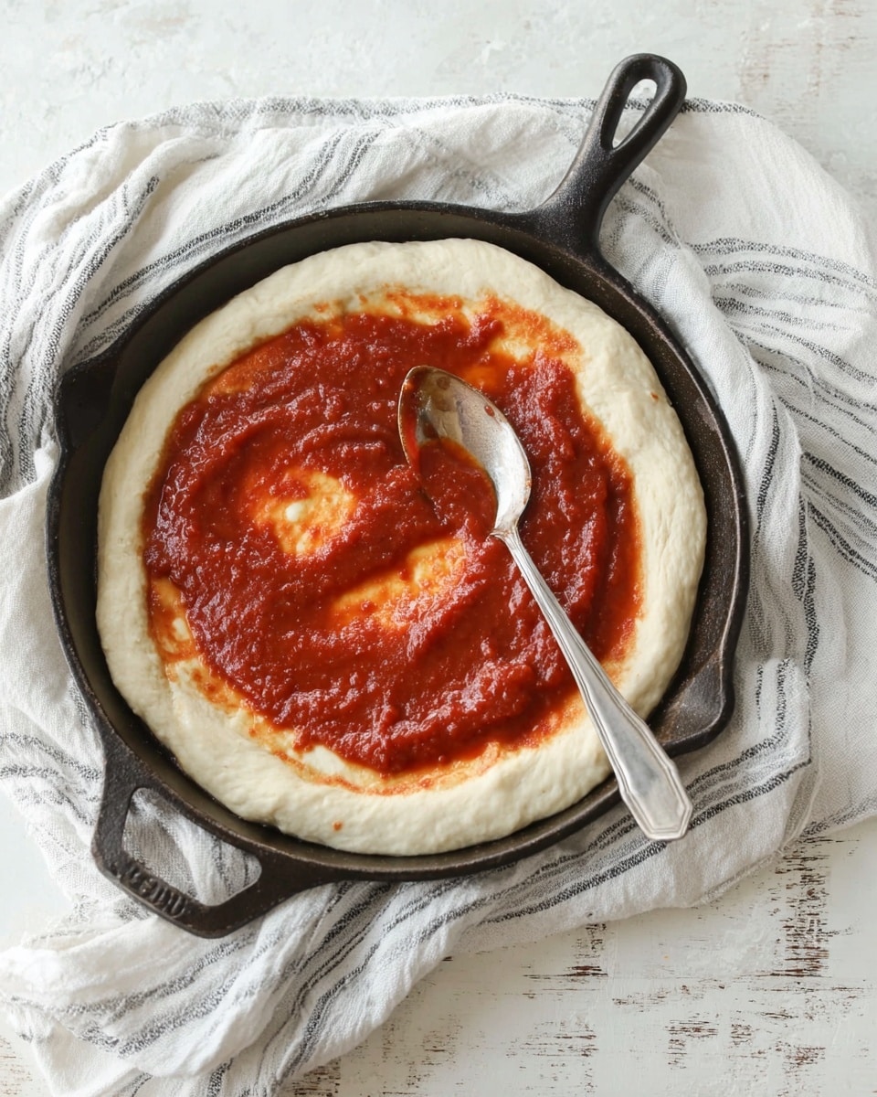 A round, thick layer of pale, soft pizza dough sits inside a black cast iron pan. On top, there is a spread of bright red tomato sauce covering the center, leaving the dough edge clear, with a silver spoon resting in the sauce. The pan rests on a white cloth with gray stripes, all placed on a white marbled textured surface. photo taken with an iphone --ar 4:5 --v 7
