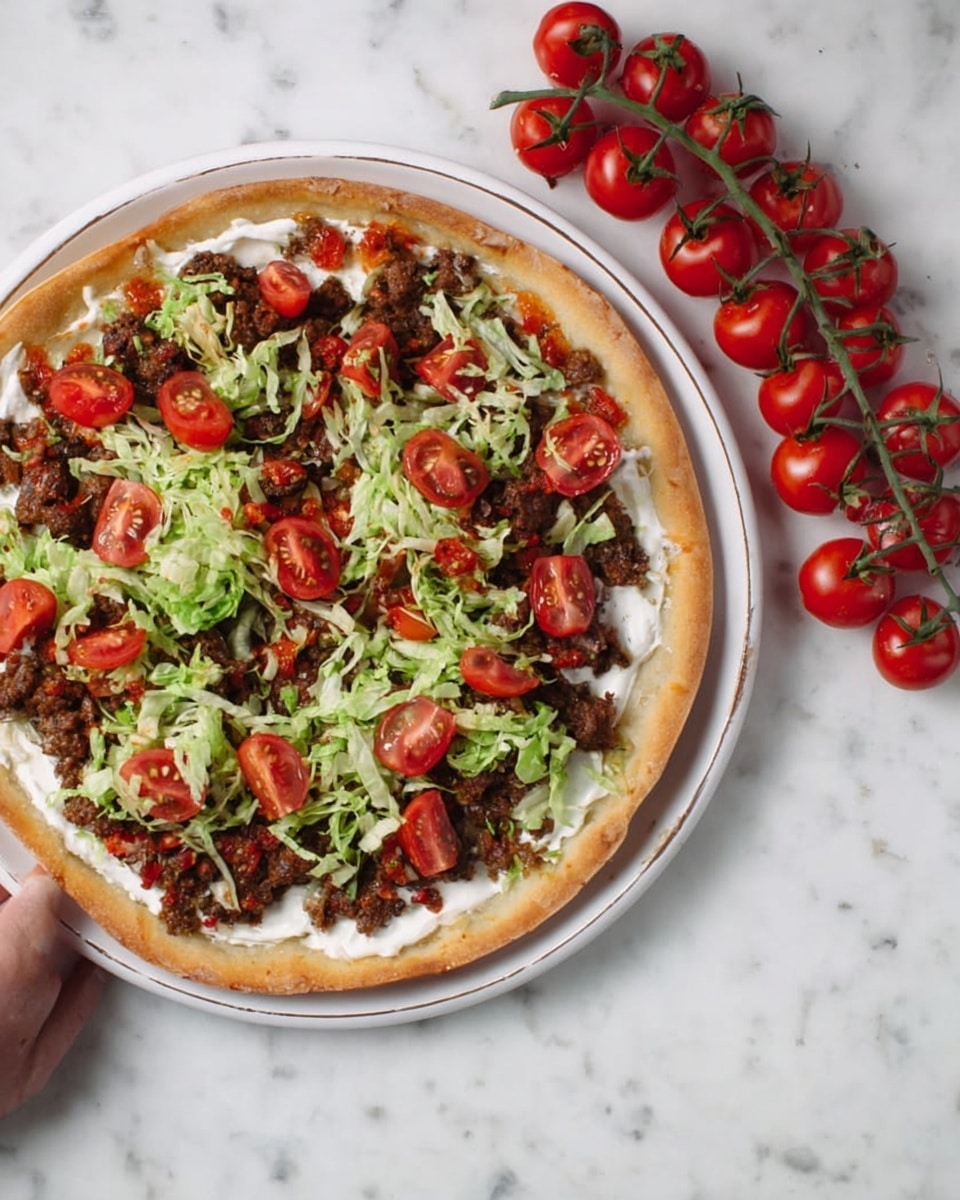 A round pizza with a thick golden-brown crust is placed on a white plate over a white marbled surface. The pizza has three layers: the bottom layer is white creamy sauce spread evenly, the middle layer is chunky brown meat scattered all over, and the top layer contains green shredded lettuce and bright red halved cherry tomatoes. Next to the pizza, there is a bunch of cherry tomatoes still on the vine, with one woman's hand reaching toward the pizza. Photo taken with an iphone --ar 4:5 --v 7