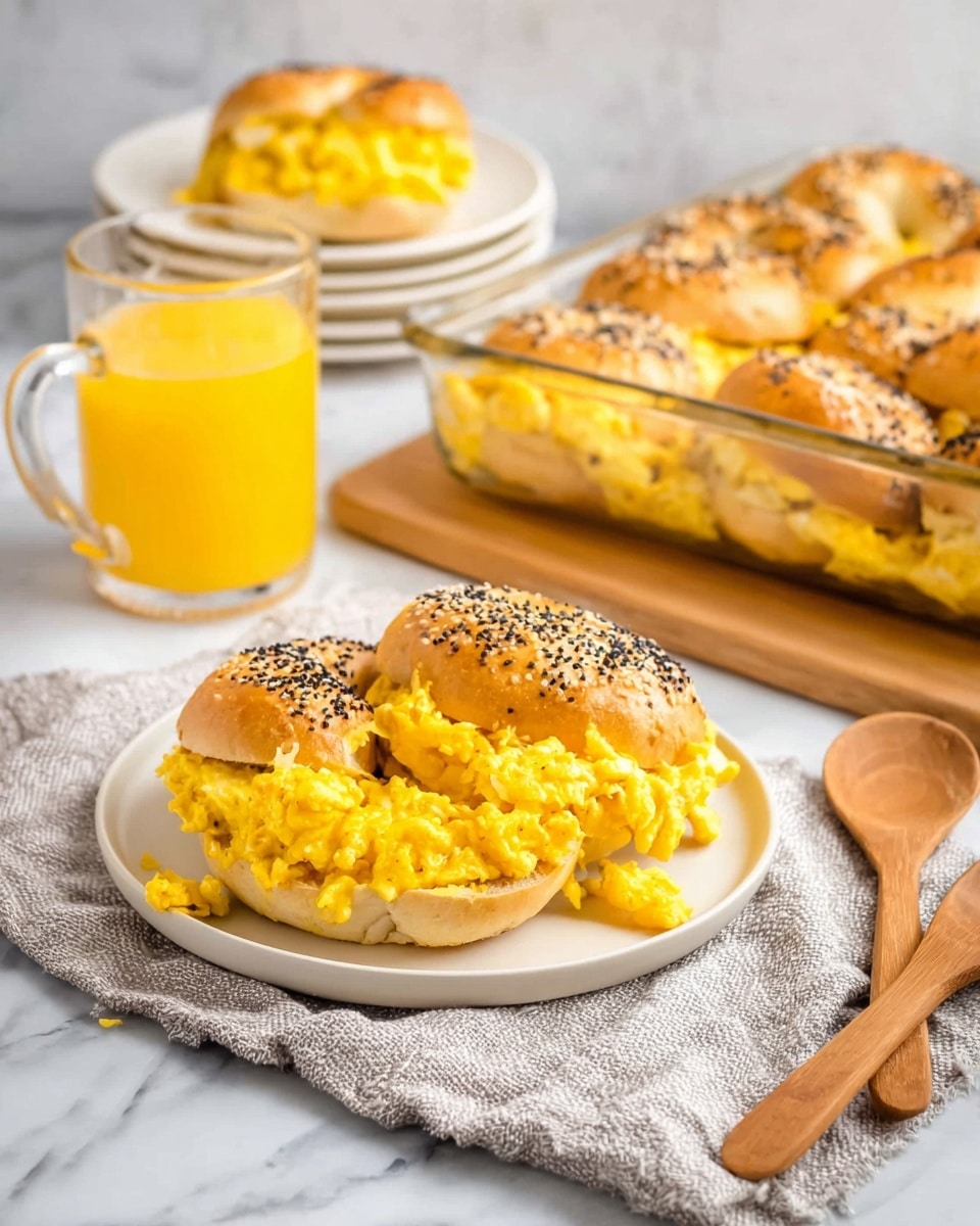 The image shows two bagel sandwiches on a white plate, each with a golden-brown bagel topped with black and white seeds. Inside the bagels, there is a thick layer of bright yellow scrambled eggs mixed with melted cheese that looks creamy and textured, overflowing slightly from the sides. Behind the plate, there is a clear glass baking dish with more of these bagel and scrambled egg sandwiches arranged inside. In the background, a clear glass mug filled with orange juice sits on a white marbled surface next to a small stack of white plates with one more bagel sandwich on top. Under the plate, there is a light gray textured cloth, and wooden spoons and a wooden spatula rest nearby. photo taken with an iphone --ar 4:5 --v 7