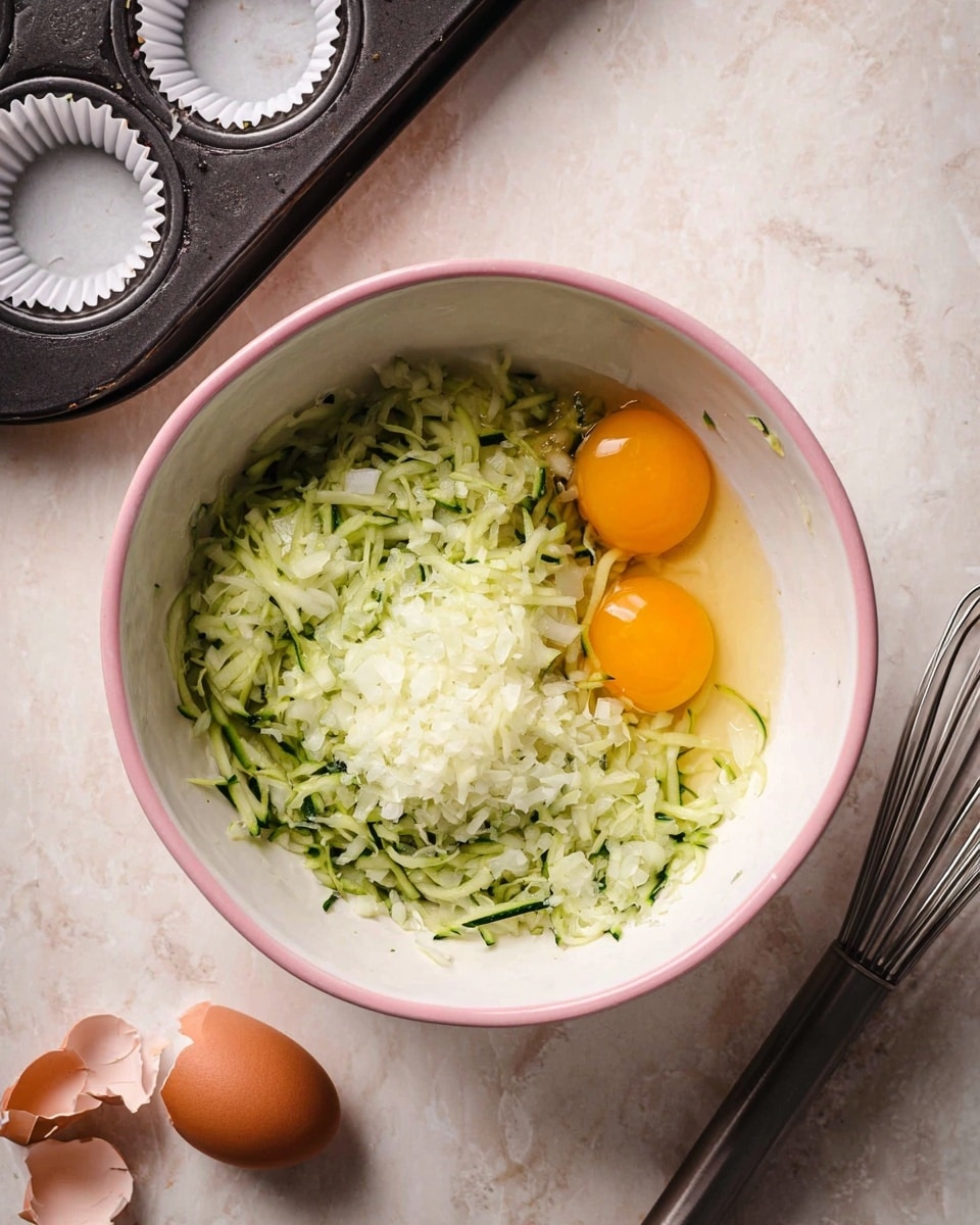 A white bowl with a pink rim is filled with three clear layers: shredded green zucchini covering most of the bowl, finely chopped white onions spread over the zucchini in the center, and two whole raw egg yolks on the right side resting on the zucchini. Around the bowl on a white marbled surface are two broken brown eggshells and a silver whisk with a black handle, partially visible on the lower right edge. The top left corner shows a dark muffin tray lined with white paper cups, all on the white marbled background. Photo taken with an iphone --ar 4:5 --v 7