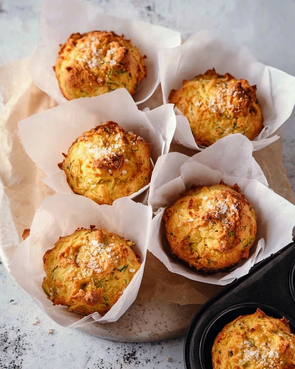 The image shows seven golden brown muffins with slightly crispy tops sprinkled with a bit of coarse salt or sugar. Each muffin is wrapped in white parchment paper with jagged edges, sitting on a light surface. Six muffins are placed directly on a white marbled texture, while one sits inside a black muffin tray at the bottom right corner. The muffins have a rough textured surface with hints of green and orange specks, suggesting added herbs or vegetables. Photo taken with an iphone --ar 4:5 --v 7