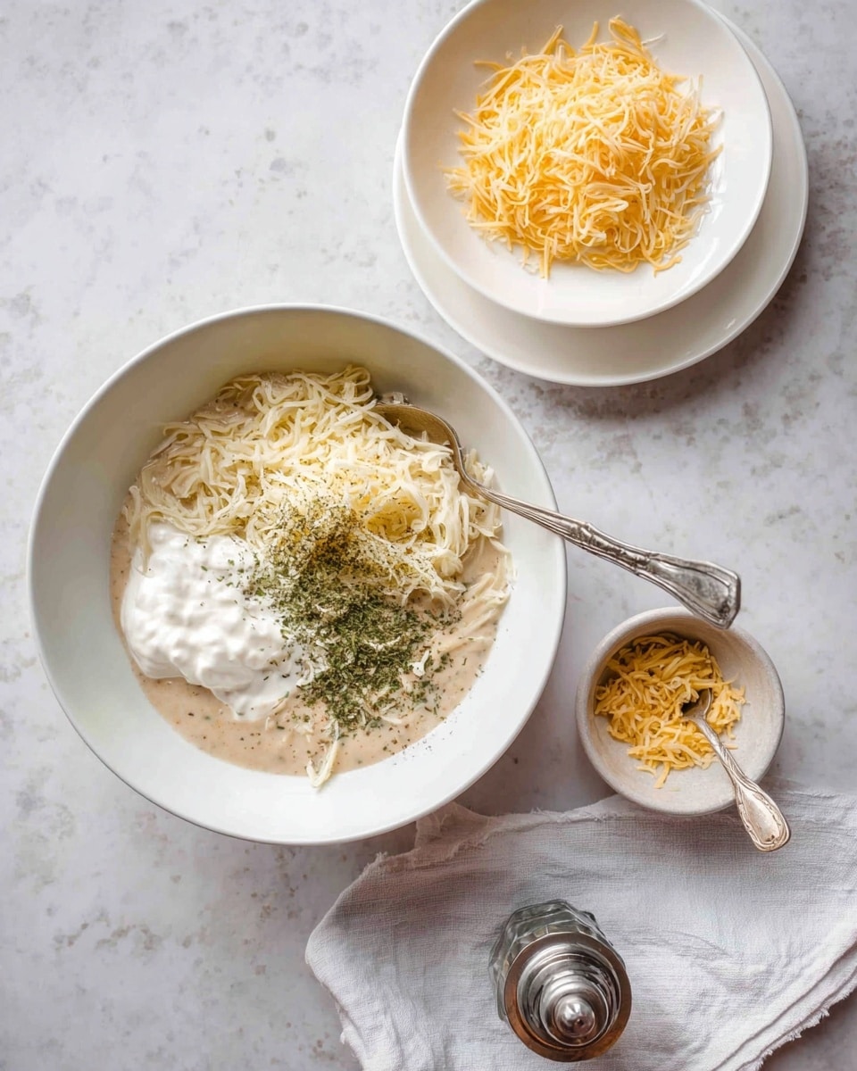 A white bowl containing several layers of ingredients including a creamy beige base, shredded pale yellow cheese, a dollop of white sour cream, and green dried herbs sprinkled on top with a silver spoon resting inside. Around the bowl, there is a small white bowl with more shredded cheese, a smaller bowl filled with finely shredded yellow cheese, and two nested white small plates above them. At the bottom right corner, a folded white cloth napkin holds a small glass pepper shaker and a vintage silver spoon. All items are placed on a white marbled surface. photo taken with an iphone --ar 4:5 --v 7