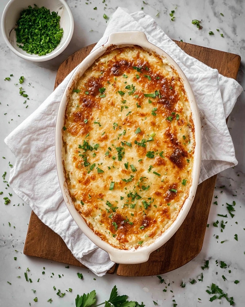 An oval white ceramic baking dish holds a golden brown casserole with a browned top layer of melted cheese and small green parsley leaves scattered on it. The casserole appears thick with a creamy texture beneath the crispy top. The dish is placed on a white cloth over a wooden board, which rests on a white marbled surface with small bits of chopped parsley scattered around. To the top left of the baking dish, there is a small white bowl filled with chopped green parsley. Photo taken with an iphone --ar 4:5 --v 7