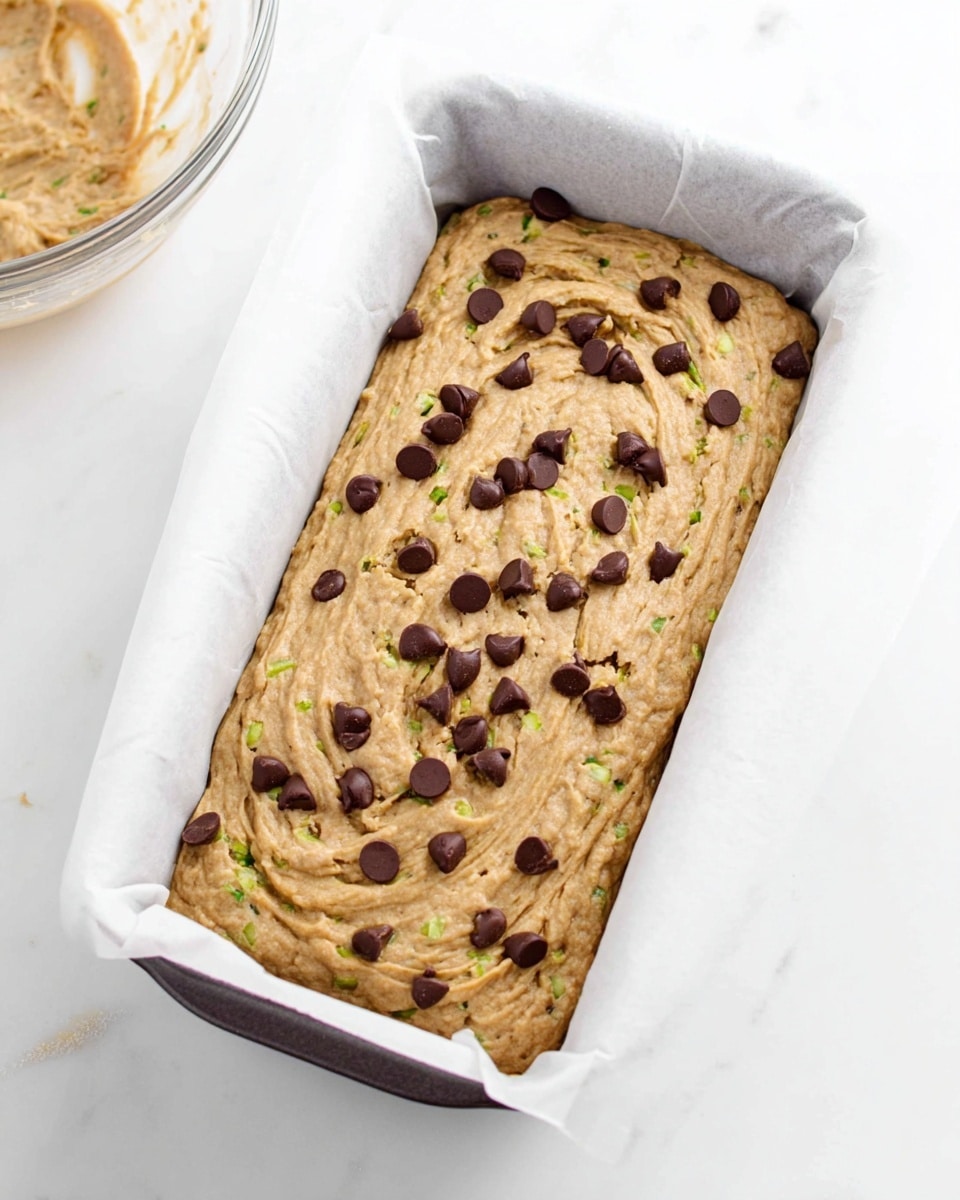 A rectangular baking pan lined with white parchment paper holds a thick, light brown batter filled with small green bits and dark brown chocolate chips scattered on top. The batter has a slightly lumpy texture with swirls and a few small cracks on the surface. The pan sits on a white marbled surface, with a clear glass bowl partially visible with some batter residue on the side. Photo taken with an iphone --ar 4:5 --v 7