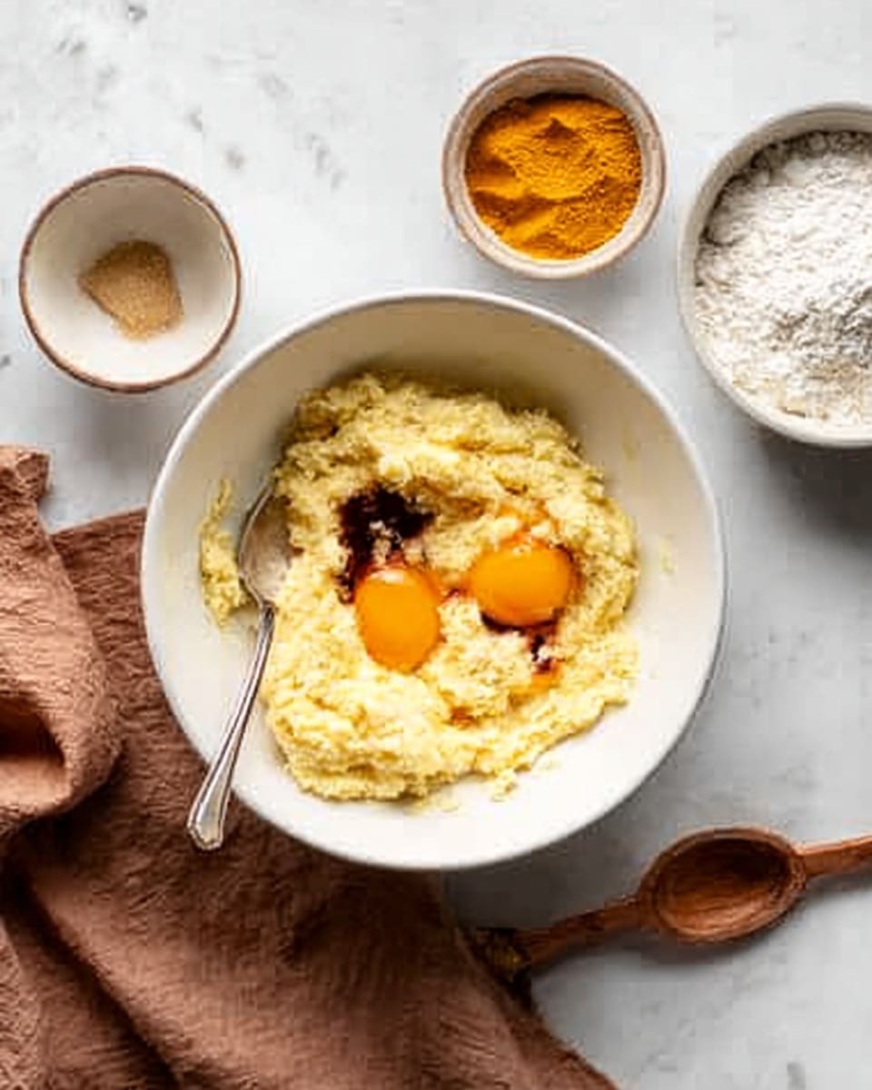 A white bowl on a white marbled surface holds a mix of light yellow dough with three orange egg yolks and a small amount of dark brown vanilla inside. A silver spoon rests in the bowl on the left side. Around the bowl are small white bowls containing white cream and turmeric powder. A brown cloth and a wooden spoon are on the right side. photo taken with an iphone --ar 4:5 --v 7