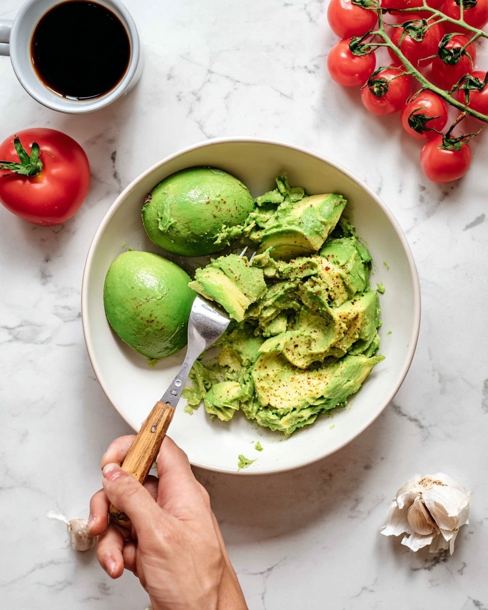 A white bowl contains three halves of bright green avocado with some brown spots, and a partially mashed section of the avocado filling most of the right side. A silver fork with a wooden handle presses into the mashed avocado in the bowl. A woman's hand holds the fork from the bottom left corner. Around the bowl, there is a small white cup filled with black liquid above it, a single whole tomato to the top left, a bunch of red cherry tomatoes on green stems to the top right, and a garlic bulb on the far right, all set on a white marbled surface. photo taken with an iphone --ar 4:5 --v 7