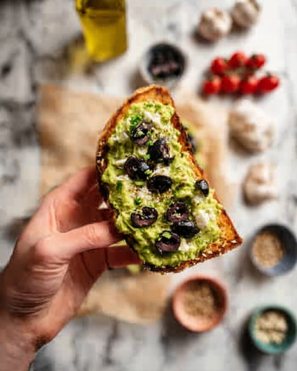 A woman's hand holds a piece of toasted bread with three visible layers: the base is golden brown and crispy, topped by a thick green layer of mashed avocado with a slightly rough texture, and scattered on top are small black olive slices adding a shiny, smooth contrast. The background shows a white marbled surface with blurred elements like cherry tomatoes, garlic bulbs, small bowls of seeds, and a bottle of oil, creating a kitchen atmosphere. Photo taken with an iphone --ar 4:5 --v 7