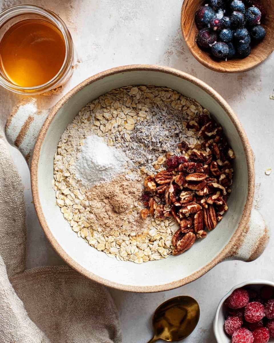 A white ceramic bowl holds a mix of dry ingredients, starting with a base layer of light tan oats scattered throughout. On top, there are clusters of chopped dark brown pecans mostly gathered on one side. There are also small piles of white powder and brown powder layered separately, creating distinct spots in the center and near the edge. Around the bowl, the white marbled surface is visible, with a small wooden bowl filled with dark blue and red berries near the top, a glass jar with golden honey next to it, and a small white bowl with frosty red fruits at the bottom right, placed on a light beige cloth. A hint of a golden spoon is visible at the bottom center. Photo taken with an iphone --ar 4:5 --v 7