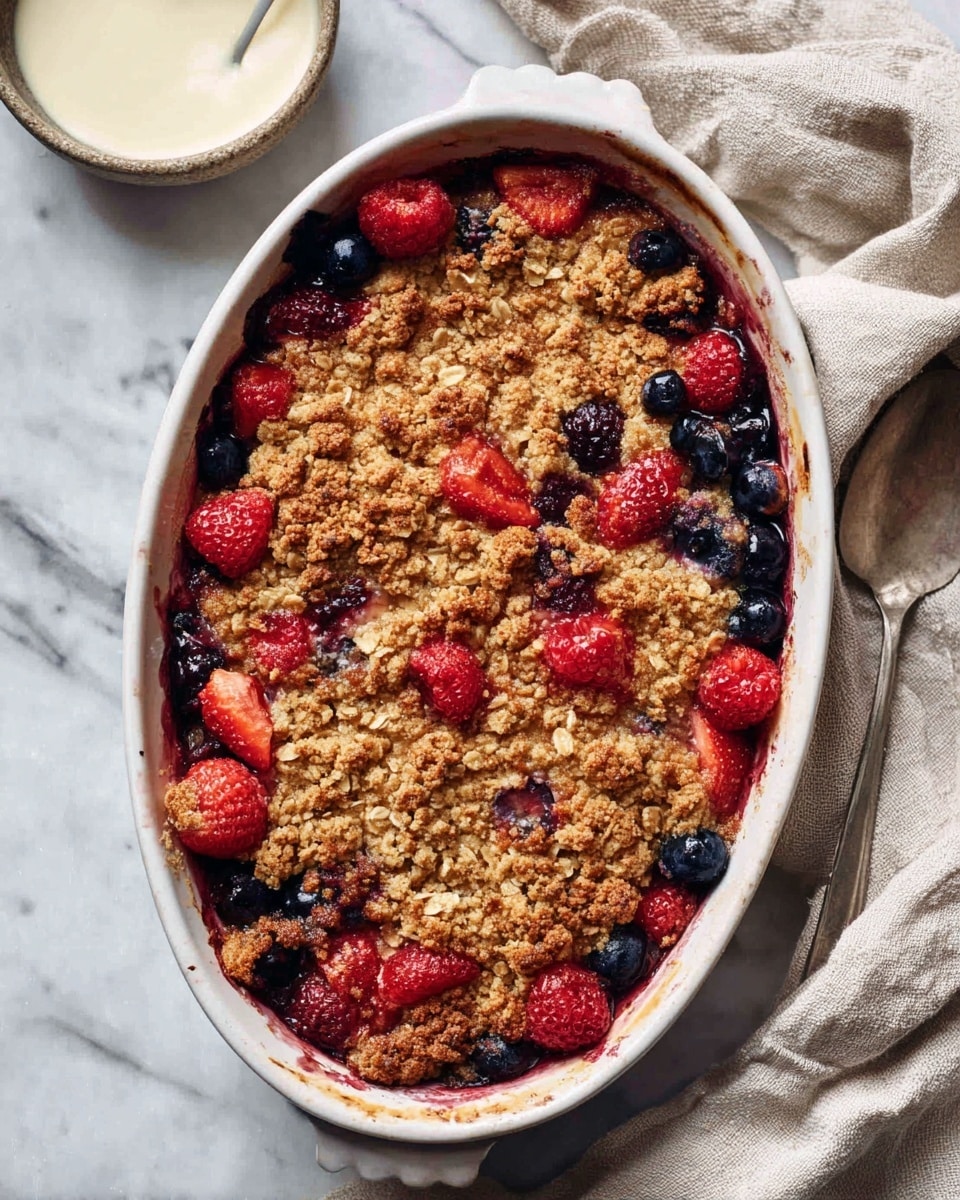 The image shows an oval white ceramic baking dish filled with a fruit crumble. The top layer is a golden brown, textured oat crumble with a rough surface. Beneath the crumble, visible in some spots, are whole raspberries and blueberries that add deep red and dark blue colors contrasting with the warm crumble. The dish is placed on a white marbled surface with a folded light beige cloth nearby and a small bowl of creamy white sauce partially visible at the top. The overall look is warm, rustic, and inviting. photo taken with an iphone --ar 4:5 --v 7