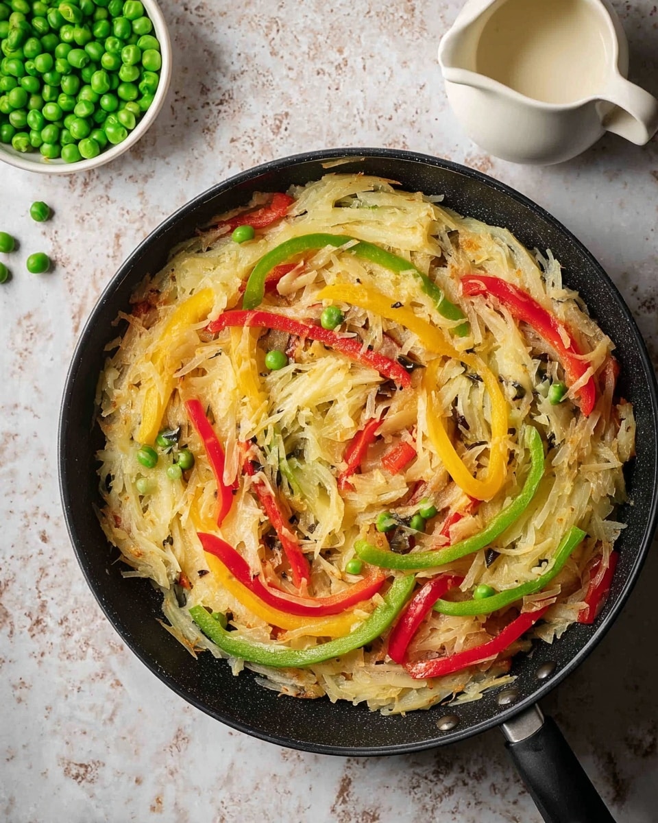 A black skillet with thin layers of cooked shredded potatoes arranged unevenly in a ring shape around the center. Mixed within the potatoes are thin slices of colorful bell peppers in green, red, and yellow, adding bright streaks across the dish. The potatoes appear soft with a light golden texture in some places. The skillet rests on a surface with a white marbled texture. Near the skillet, there is a small white bowl filled with fresh green peas and a white creamer jug containing a light cream liquid. Photo taken with an iphone --ar 4:5 --v 7