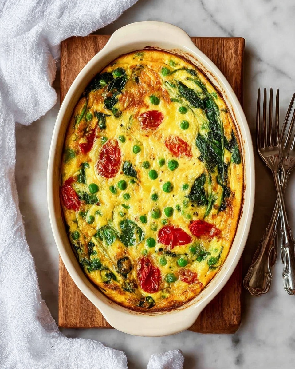 The image shows a golden brown baked vegetable frittata in an oval white ceramic dish placed on a wooden board. The frittata has visible layers of yellow egg with bright green spinach leaves, green peas, and slices of red cherry tomatoes spread evenly throughout. The edges are slightly browned and crisp, giving texture contrast. The dish is on a white marbled surface with a white cloth napkin partially visible to the left and two metal forks to the right. The colors are warm and fresh, with the green and red vegetables standing out against the creamy yellow egg base. Photo taken with an iphone --ar 4:5 --v 7