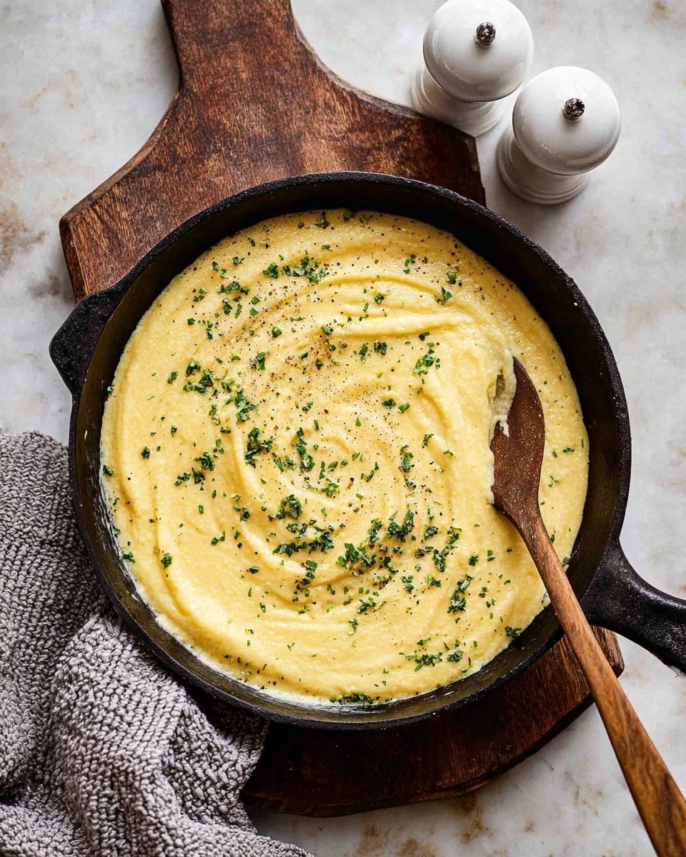 A black cast iron skillet filled with smooth, creamy yellow polenta that has a few swirls creating soft peaks in its texture. The polenta is lightly sprinkled with chopped green herbs and black pepper. A woman's hand holds a wooden spoon partially covered with polenta on its end, resting inside the skillet. The skillet sits on a dark wooden board, which is placed on a white marbled surface. A white pepper grinder and a grey textured cloth are next to the skillet. Photo taken with an iphone --ar 4:5 --v 7