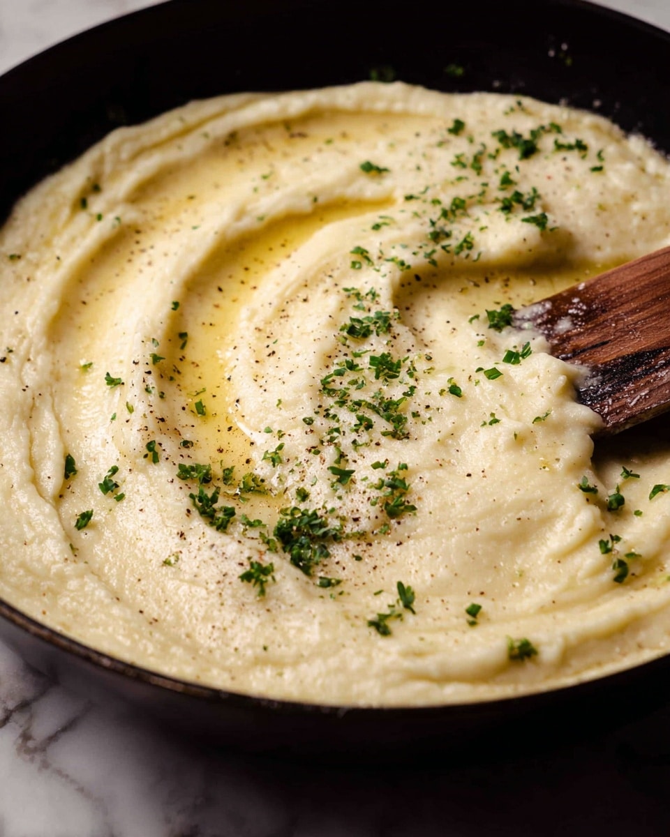 A close-up view of a single layer of smooth, creamy light beige mashed potatoes in a black pan, swirled gently with a wooden spatula on the right side. The surface of the potatoes is topped with small chopped green herbs and scattered black pepper, with a slight shine from melted butter that pools in soft waves. The background features a white marbled texture. photo taken with an iphone --ar 4:5 --v 7