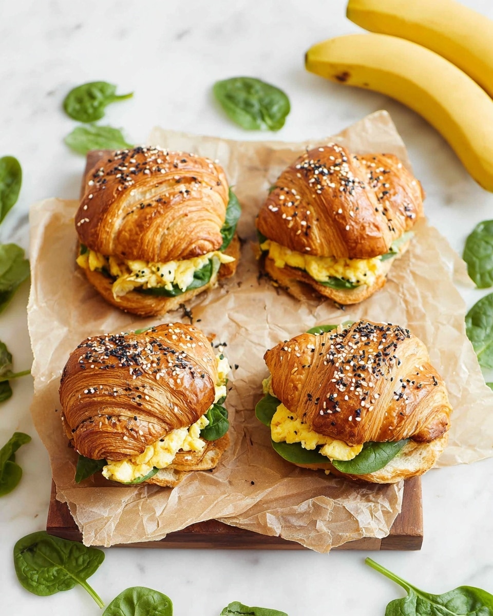 Four croissant sandwiches are arranged on crinkled parchment paper over a wooden board, placed on a white marbled surface. Each sandwich has a shiny, golden-brown croissant top sprinkled with black and white sesame seeds and other seasoning. Inside, there are layers of fluffy yellow scrambled eggs and fresh dark green spinach leaves, visible from the sides. Around the board, fresh spinach leaves are scattered, and in the background, two ripe yellow bananas rest on the white marbled surface. The overall look is fresh and inviting, with contrasting textures from the flaky croissants and soft fillings. photo taken with an iphone --ar 4:5 --v 7
