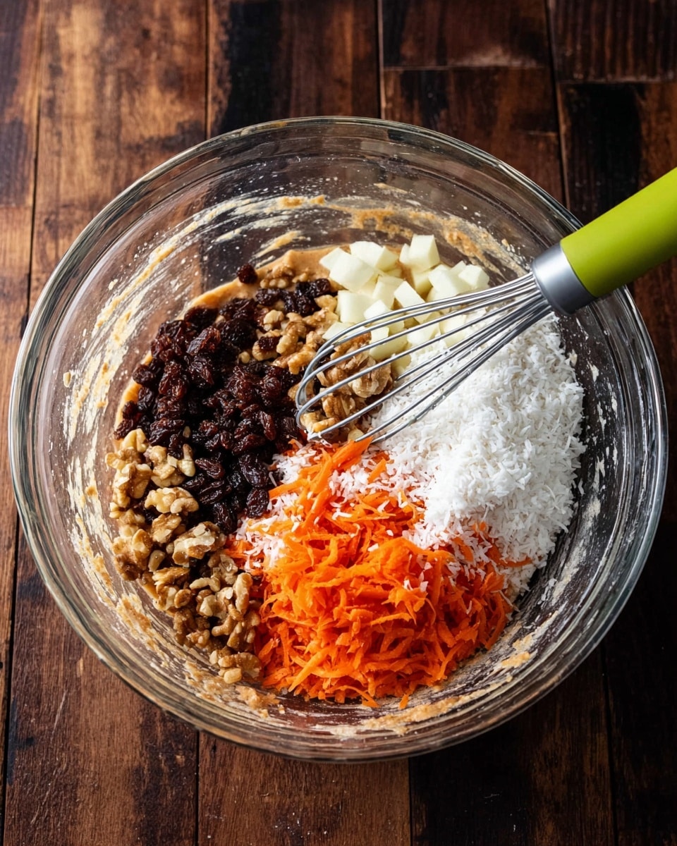 A clear glass bowl holds several layers of ingredients on a dark wooden surface replaced by a white marbled texture. The bottom layer is a light brown sticky batter. On top, there is a layer of chopped walnuts, followed by dark brown raisins clustered together. Next is a bright orange shredded carrot layer mixed with small white cubes of apple. A layer of white shredded coconut sits on top of the carrots and apples. A whisk with a gray handle and a bright green accent leans inside the bowl, touching the coconut layer. photo taken with an iphone --ar 4:5 --v 7