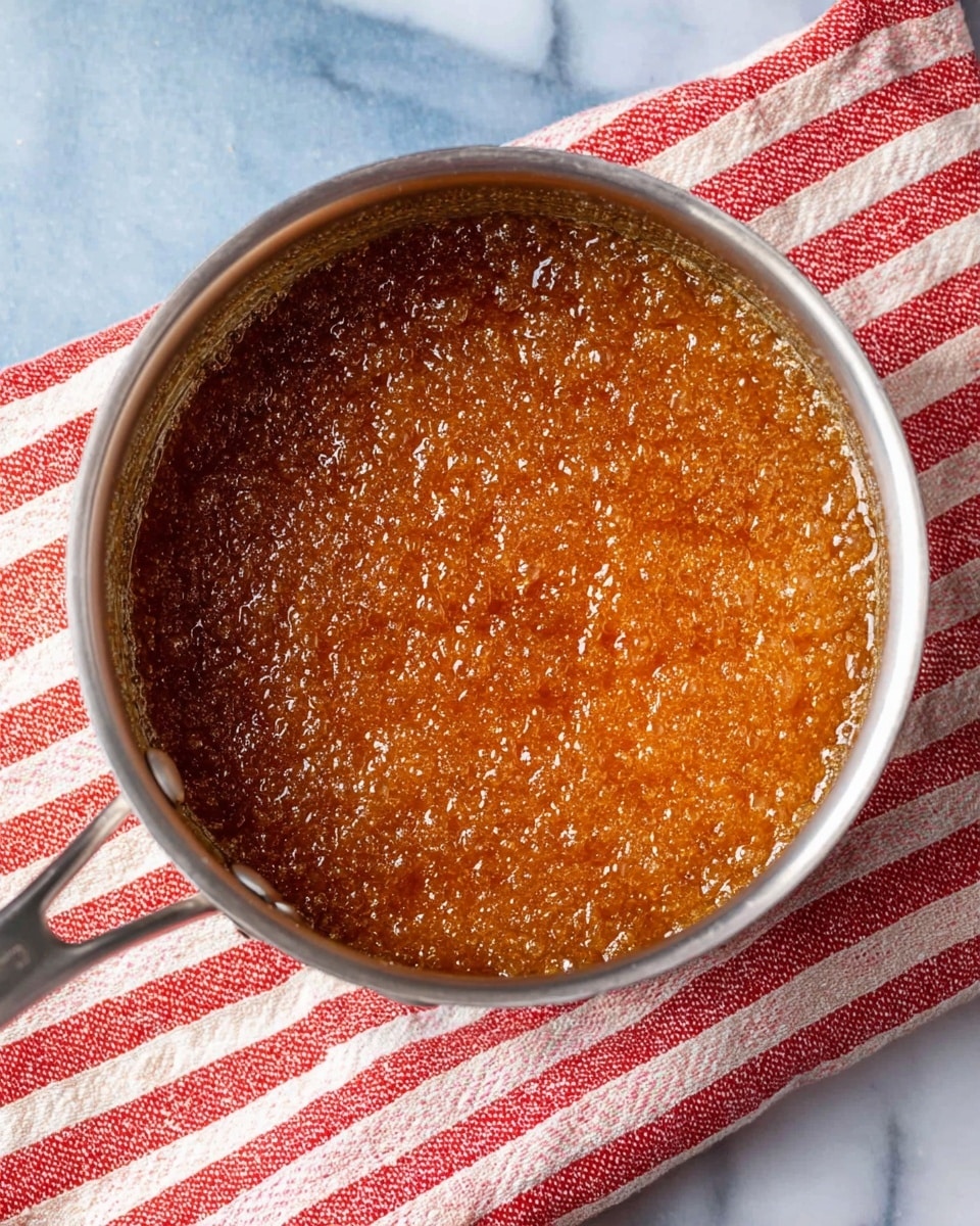 This image shows a close-up view of a metal saucepan filled with a thick, bubbling amber-colored liquid that looks sticky and textured. The liquid fills the pan evenly and has small bubbles throughout, giving it a rough surface. The saucepan is on a red and white striped cloth, all placed on a white marbled surface. Photo taken with an iphone --ar 4:5 --v 7