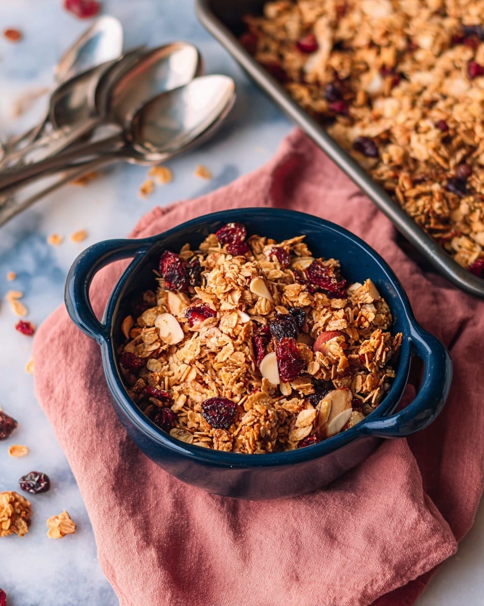 A dark blue bowl with two handles is filled to the top with chunky granola made of oats, flakes, almond slices, and dry red berries, showing a rough and crunchy texture in golden brown and deep red colors. The bowl sits on a soft pink cloth, placed on a surface with a white marbled texture. Next to it, a large pan is filled with more granola, showing the same mix of oats and red berries. A stack of four silver spoons rests at the top left corner, catching soft light. Some granola pieces are scattered around the bowl and cloth, creating a casual, natural look. photo taken with an iphone --ar 4:5 --v 7