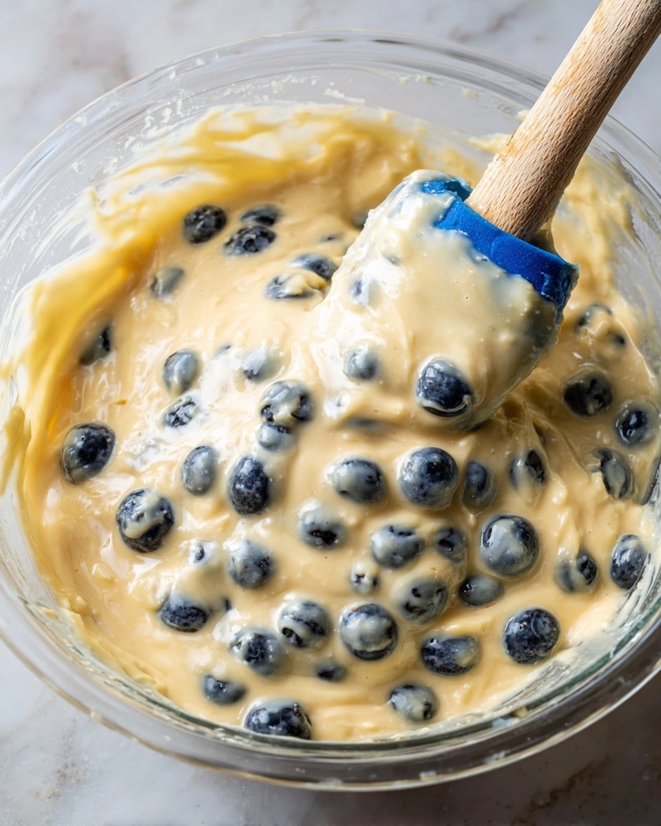 The image shows a clear glass bowl filled with thick, creamy light yellow batter mixed with whole blueberries scattered evenly throughout. A wooden spatula with a blue silicone head is partially dipped into the batter, lifting some of it, showing its smooth and slightly lumpy texture. The bowl is set on a white marbled surface. The light reflects softly off the wet batter and the shiny surface of the blueberries, creating a fresh, appetizing look. Photo taken with an iphone --ar 4:5 --v 7