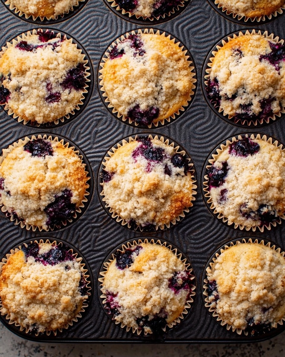 A close-up view of twelve blueberry muffins in a dark cupcake tray, each muffin having two visible layers: a golden-brown bottom cake layer dotted with dark purple blueberries and a crumbly pale beige topping sprinkled all over the muffins. The muffins are evenly spaced with slightly rough and crumbly top textures, sitting inside beige paper liners. The surface beneath the tray is a white marbled texture, enhancing the contrast of the dark tray and light muffins. photo taken with an iphone --ar 4:5 --v 7