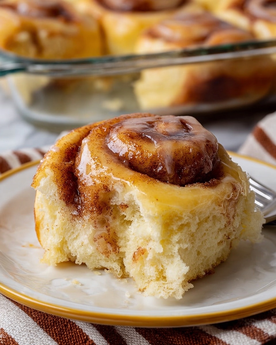 The image shows a close-up of a single cinnamon roll on a white plate with a gold rim. The cinnamon roll has two main layers: the outer layer is soft, light yellow dough with a spongy texture, and the inner layer is a darker brown cinnamon swirl covered with a thin, shiny glaze that looks slightly sticky. The cinnamon filling is concentrated in the middle spiral and slightly oozing out. Behind the cinnamon roll is a blurred glass baking dish containing more rolls, set on a white marbled surface with a brown and white striped cloth underneath. Photo taken with an iphone --ar 4:5 --v 7