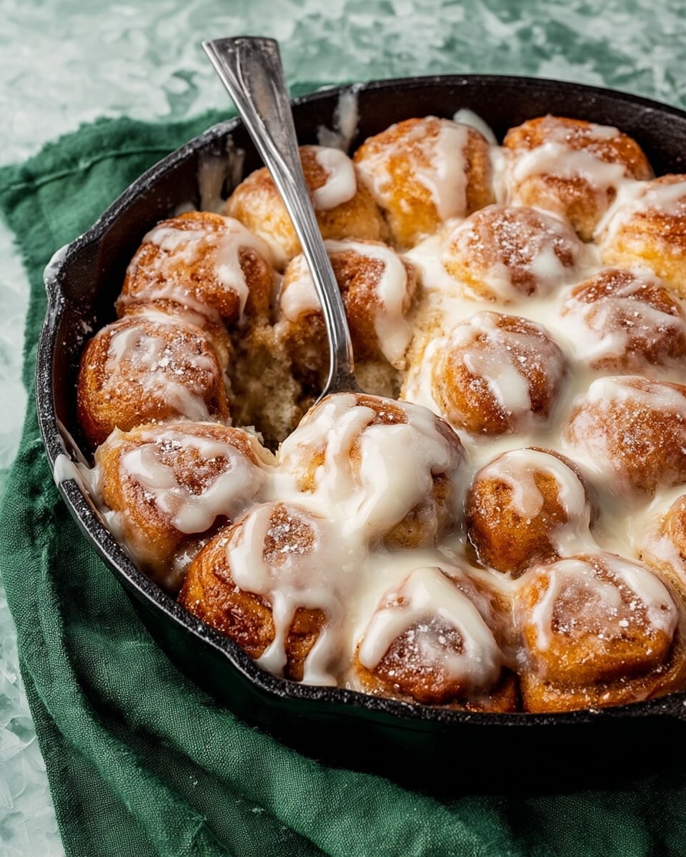 The image shows a black cast iron skillet filled with about 30 golden brown rolls covered in white creamy icing. The rolls are close together, with the white icing drizzled unevenly over them, filling the gaps and pooling slightly at the bottom. A silver spoon rests inside the skillet, partially dipped into the icing and rolls. The skillet sits on a green cloth with a white marbled surface in the background. Photo taken with an iphone --ar 4:5 --v 7