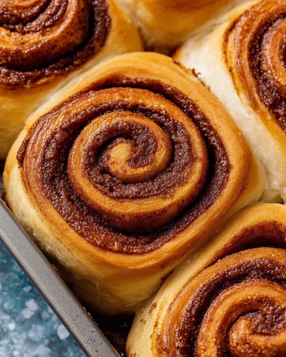 The image shows close-up of several cinnamon rolls in a metal baking tray, each roll made of soft, golden-brown dough spiraled tightly with a thick layer of dark cinnamon sugar filling that looks slightly caramelized and glossy. The rolls have a smooth texture on the outside with light browning on the edges, while the cinnamon filling creates a deep brown, slightly grainy spiral pattern. The background is a white marbled texture, emphasizing the warm colors of the cinnamon rolls. Photo taken with an iphone --ar 4:5 --v 7