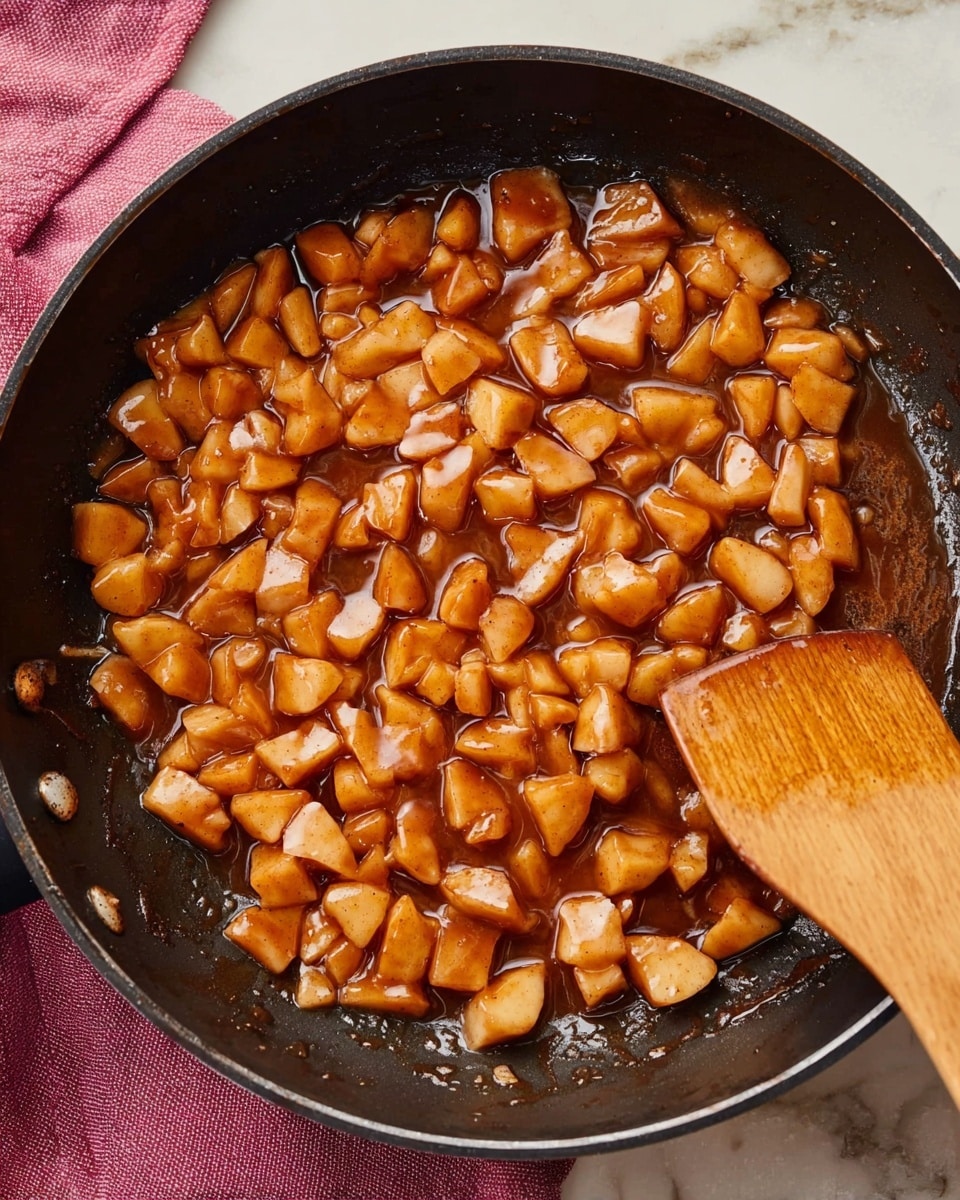 A close-up view inside a black pan shows a single layer of small, soft, cooked apple pieces with a light brown color, coated in a shiny cinnamon syrup. The apple pieces are irregular in shape and spread evenly across the bottom of the pan. A wooden spatula with a smooth texture is resting on top of the apples on the right side of the pan. The pan sits on a white marbled surface with a hint of a pink cloth seen on the left edge of the image. Photo taken with an iphone --ar 4:5 --v 7