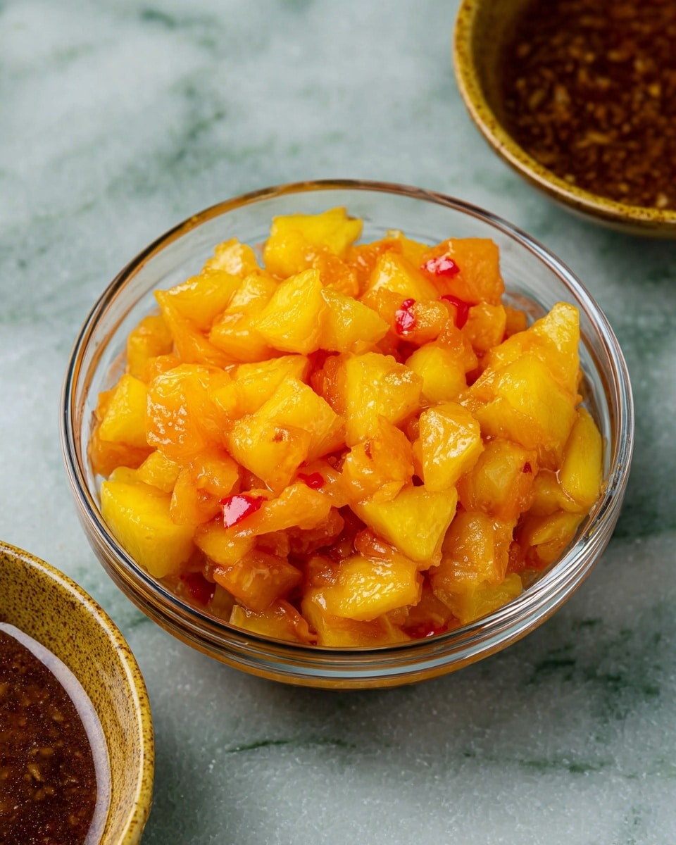 A clear glass bowl filled with small, chopped pieces of bright yellow and orange fruit with slight red spots scattered throughout, showing a juicy and soft texture. The bowl is placed on a white marbled surface, and part of another bowl with a darker sauce is seen in the corner. The fruit pieces appear fresh and slightly shiny from their natural juices, giving a vibrant and colorful look. photo taken with an iphone --ar 4:5 --v 7