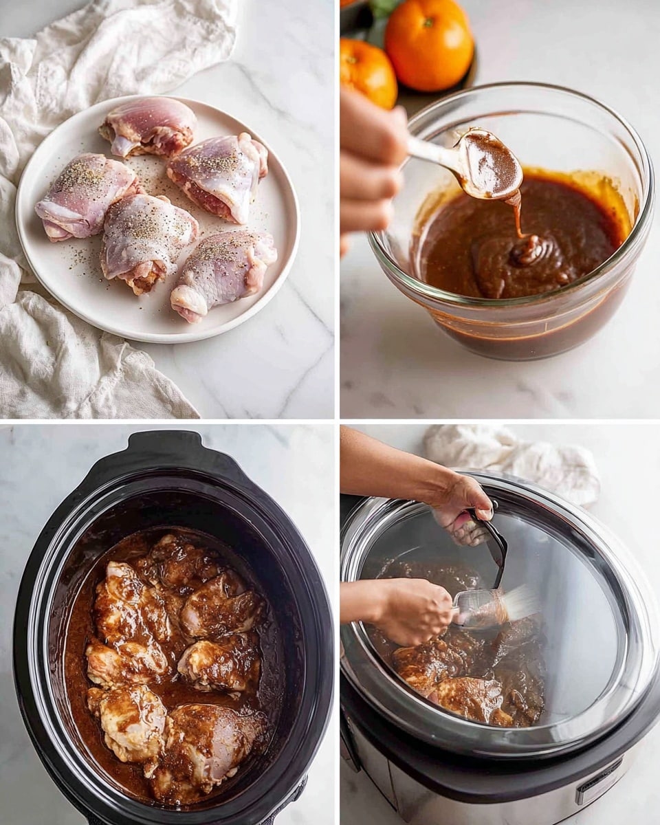 The image shows four steps of preparing a dish. In the first step, raw chicken thighs are placed on a white plate, seasoned with coarse salt and pepper, laid out on a white marbled surface with a white cloth nearby. In the second step, a woman's hand is pouring a dark brown sauce from a small clear bowl into a black slow cooker, using a spatula to scrape the bowl. The third step shows the chicken now covered in a shiny, thick brown sauce inside the slow cooker. In the fourth step, a person’s hand is placing a glass lid with a black frame onto the slow cooker, with some blurred oranges in the background, all set on a white marbled surface. Photo taken with an iphone --ar 4:5 --v 7