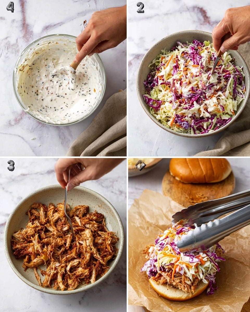 The image shows four steps of making a pulled chicken sandwich with coleslaw. In the first image, a woman's hand is stirring a bowl of white creamy sauce with black specks on a white marbled surface. In the second image, the same sauce is poured over a bowl of shredded purple, yellow, and white cabbage with orange carrot strips. The third image shows shredded cooked chicken being pulled apart with two forks on a wooden board. In the last image, a pair of metal tongs is placing the mixed coleslaw on top of pulled chicken inside a white sandwich bun, with the top bun resting beside it on parchment paper. Photo taken with an iphone --ar 4:5 --v 7
