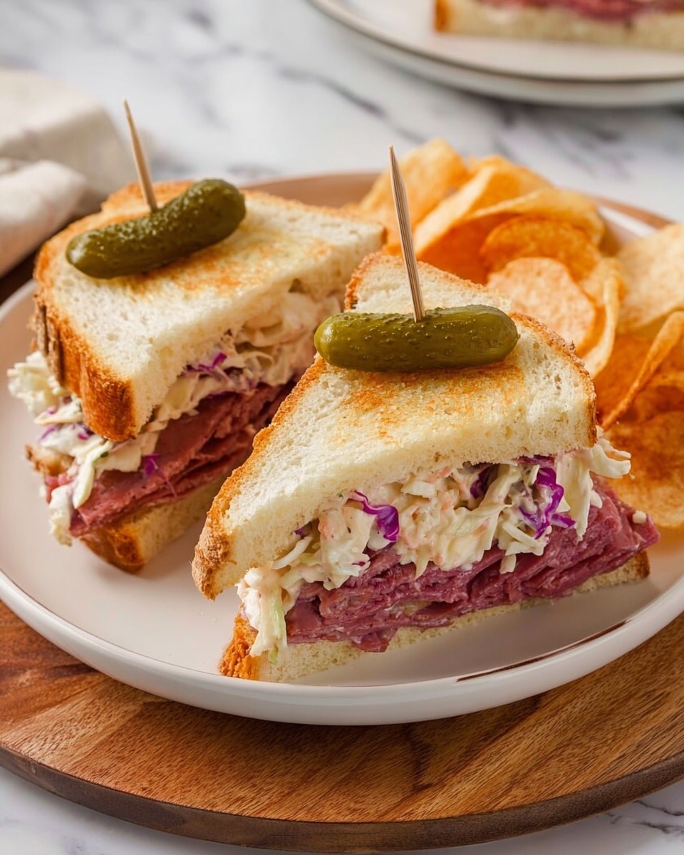 The image shows a sandwich cut in half and placed on a white plate with a few potato chips on the side. The sandwich has three visible layers: the top layer is light toasted bread with a slightly crispy texture, the middle layer includes reddish-pink meat slices, and the bottom layer is coleslaw with white and purple shredded cabbage covered in a creamy dressing. A small green pickle is placed on top of the sandwich halves, held together with a wooden skewer. The plate sits on a wooden round board and the background is a white marbled surface. Photo taken with an iphone --ar 4:5 --v 7