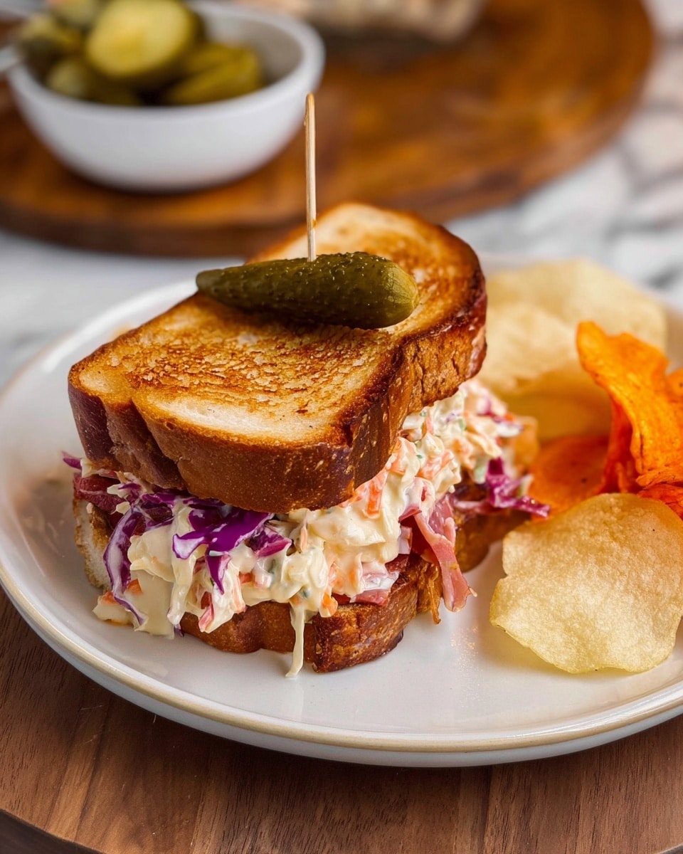 A sandwich on a white plate with two slices of toasted golden-brown bread, the top slice pierced by a small wooden skewer holding a dark green pickle. Inside the sandwich, there are layers of creamy coleslaw with visible white, orange, and purple shredded vegetables, and some slices of reddish meat underneath. On the side of the plate, there are a few potato chips, some light yellow and others bright orange. The plate is set on a wooden table with a white marbled surface visible around it. In the background, there is a white bowl with green pickles and a round board. photo taken with an iphone --ar 4:5 --v 7