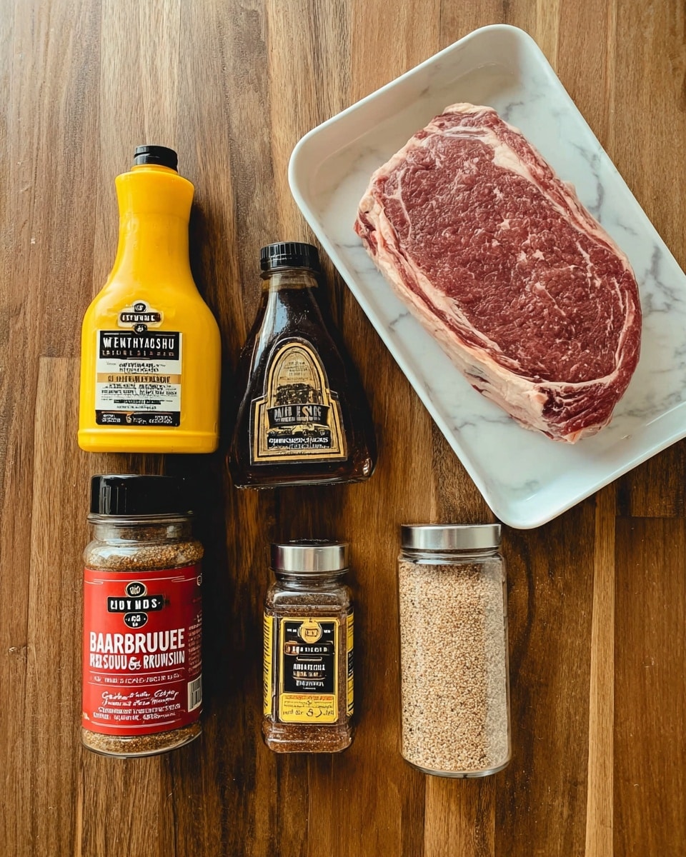 The image shows an arrangement of cooking ingredients on a brown wooden surface with a white marbled texture below. On the top right, there is a white tray holding a large raw steak that has a marbled red and white texture. Below it, there are four seasoning bottles arranged in a rough square: on the left, a yellow mustard bottle with a curved shape; next to it, a tall dark bottle labeled Worcestershire sauce with a black cap; below them, a cylindrical container with red and black labeling that reads