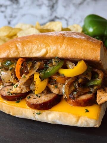 Skillet Barbecue Chicken and Sausage Sandwiches with Veggies and Cheddar Recipe