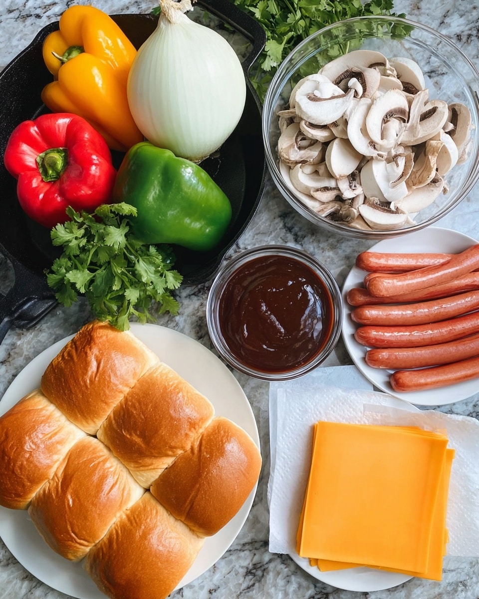 The image shows ingredients for a meal arranged neatly on a white marbled surface. At the bottom left, there are six golden brown sandwich rolls stacked on a white plate. Above the rolls to the left, there's a black cast iron pan filled with fresh vegetables: a large white onion, a green bell pepper, a yellow bell pepper, a red bell pepper, and an orange bell pepper, with a bunch of green cilantro resting on the edge. A clear glass bowl filled with sliced white mushrooms sits in the middle of the pan. To the right on the surface, there is a small clear bowl of thick dark brown barbecue sauce. Nearby, on a white plate, there are four reddish-brown hot dogs next to a piece of pale raw chicken. At the bottom right corner, there is a stack of bright orange cheddar cheese slices on white paper. photo taken with an iphone --ar 4:5 --v 7