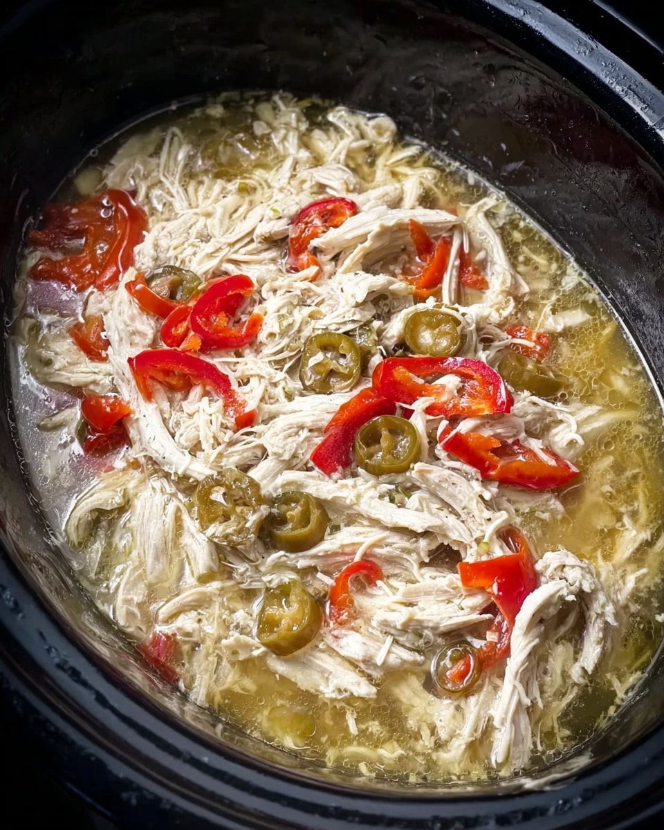 The image shows a close-up of a slow cooker filled with shredded white chicken mixed with slices of red and green peppers in a broth. The chicken is soft and stringy with a light creamy color. The red pepper slices are scattered on top, adding bright red spots, while the green peppers bring a darker green contrast. The broth is a thin, light yellow liquid surrounding the ingredients, making them look juicy and cooked together in one layer inside the slow cooker, which is black inside. The photo taken with an iphone --ar 4:5 --v 7