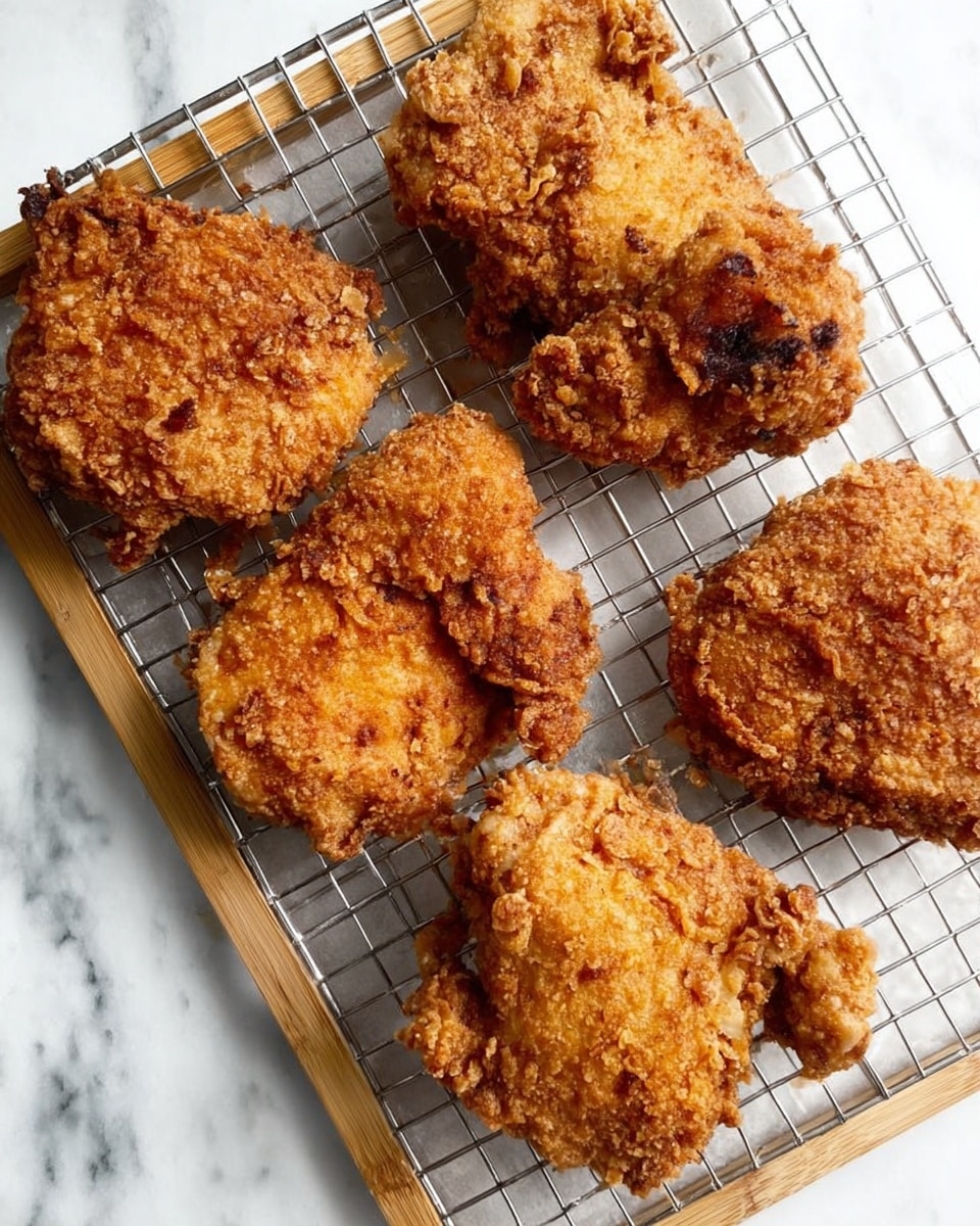 The image shows six pieces of golden brown fried chicken with a crispy, rough texture, resting on a silver wire rack with a wooden frame. The chicken pieces vary slightly in size and shape, with a crunchy coating that looks thick and uneven, giving a rich, textured look. The wire rack is placed over a white marbled surface, adding dark and light contrast to the warm tones of the chicken. photo taken with an iphone --ar 4:5 --v 7