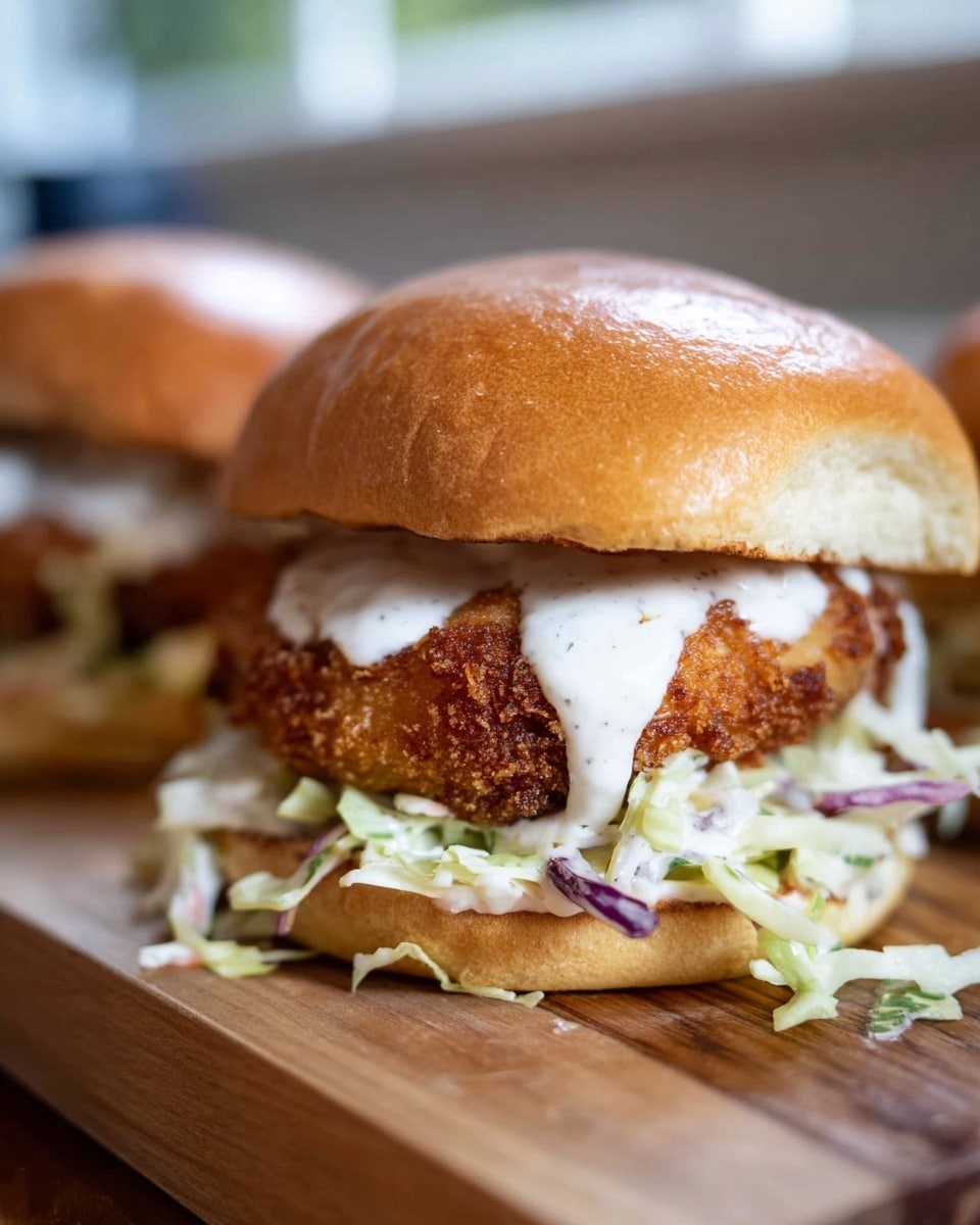 The image shows a close-up of a crispy fried chicken sandwich with three visible layers. At the bottom, there is a soft golden-brown bun base. Above the bun, there is a layer of shredded light green and white cabbage mixed with some light purple pieces, giving a crunchy texture. On top of the cabbage, there is a piece of golden-brown crispy fried chicken with a rough and crunchy texture. A white creamy sauce is spread unevenly over the fried chicken. Finally, a soft, slightly shiny golden-brown bun top covers the sandwich. The sandwich sits on a wooden surface with a soft blurred background. photo taken with an iphone --ar 4:5 --v 7